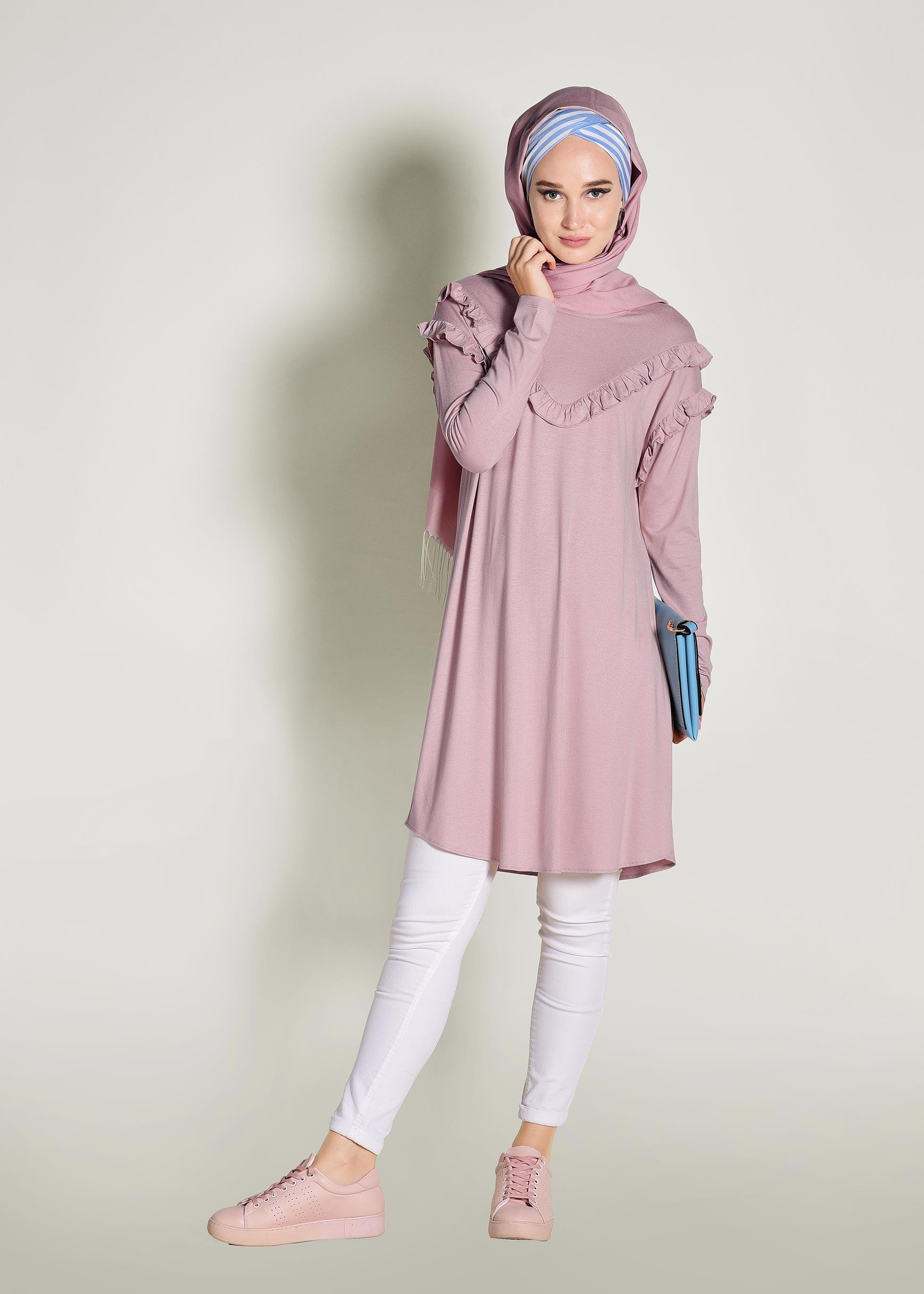 Tesettür giyim PUDRA FIRFIR DETAYLI PENYE TUNİK 4363