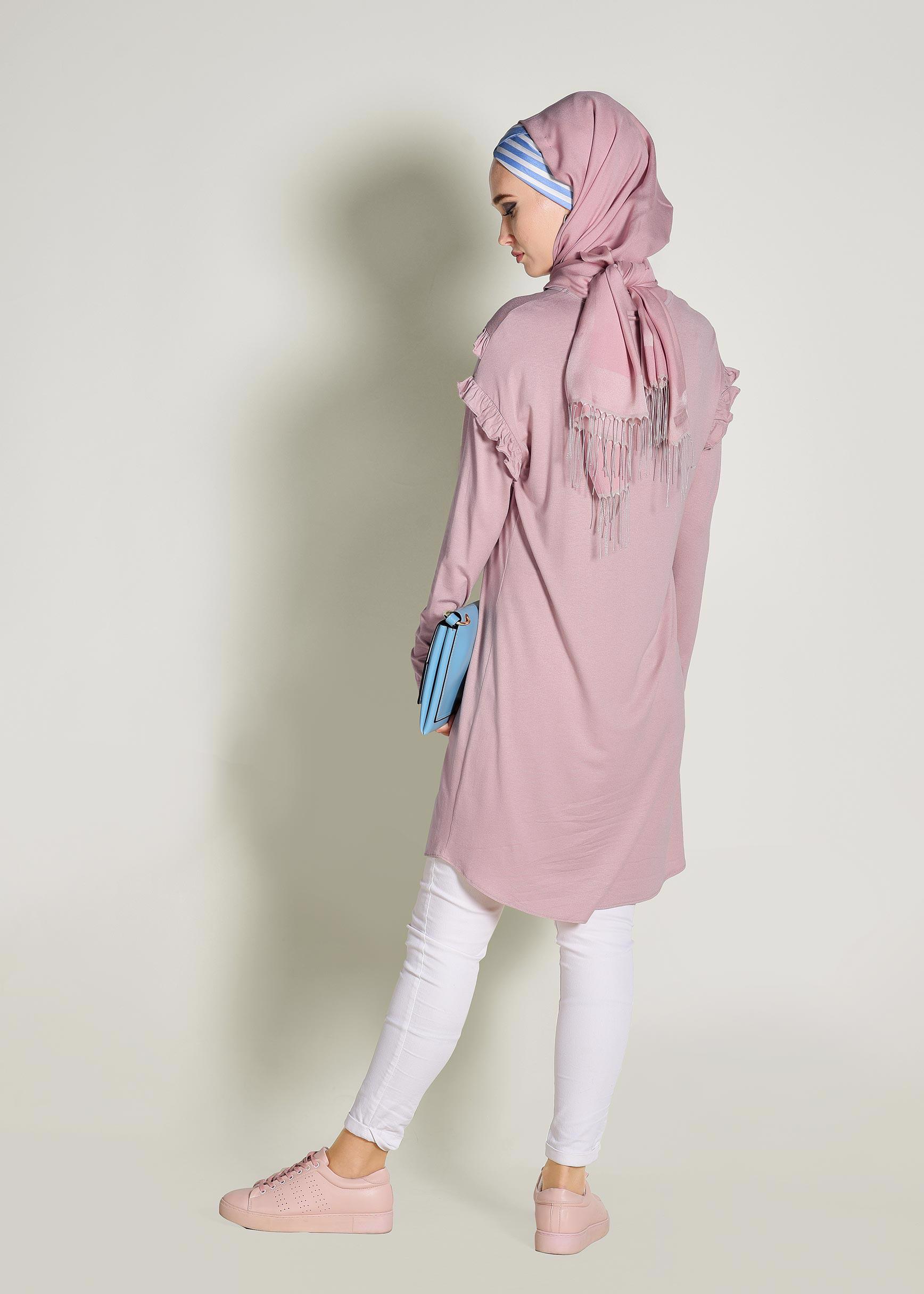 Tesettür giyim PUDRA FIRFIR DETAYLI PENYE TUNİK 4363