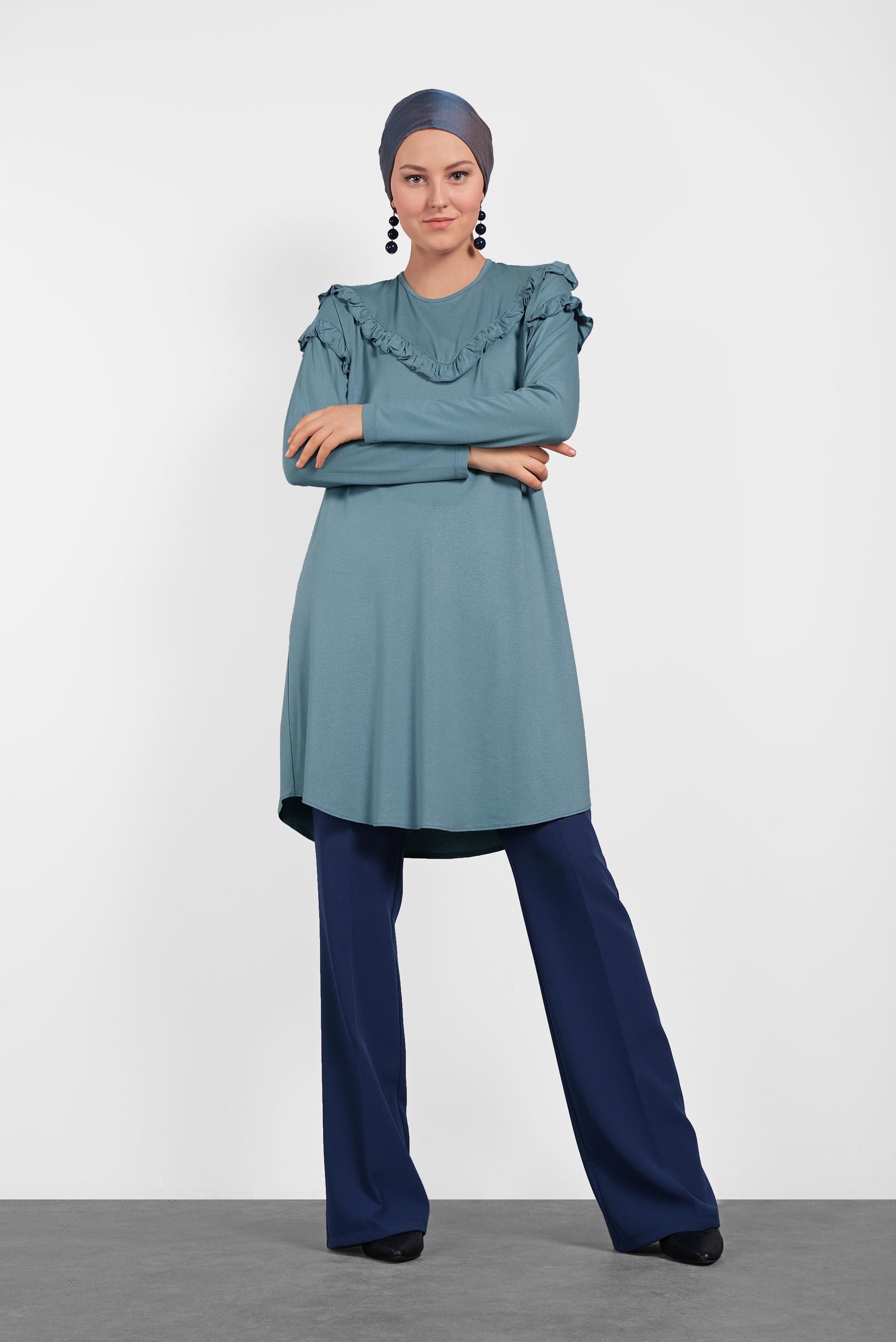 Tesettür giyim MAVİ FIRFIR DETAYLI PENYE TUNİK 4363