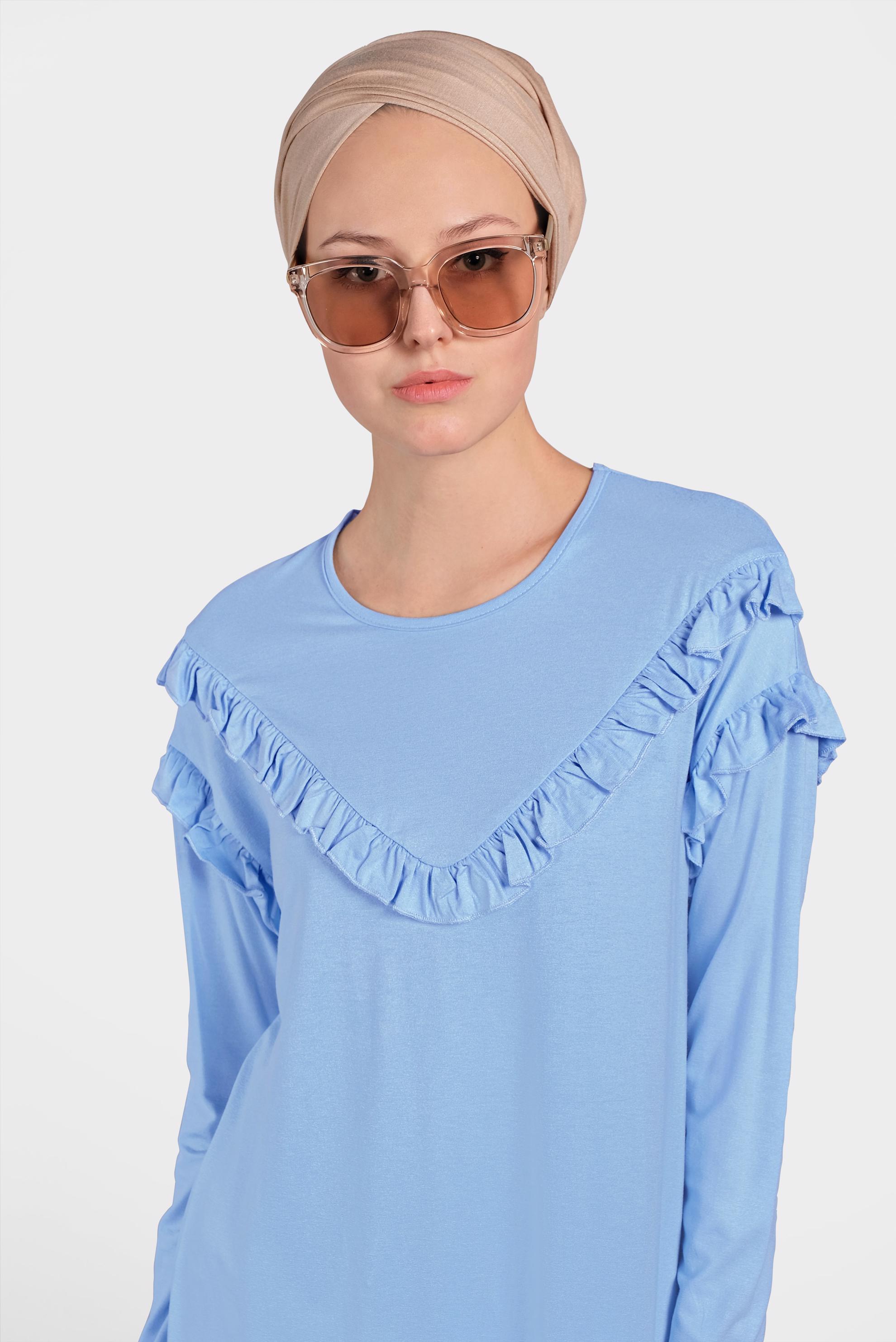 Tesettür giyim MAVİ FIRFIR DETAYLI PENYE TUNİK 4363