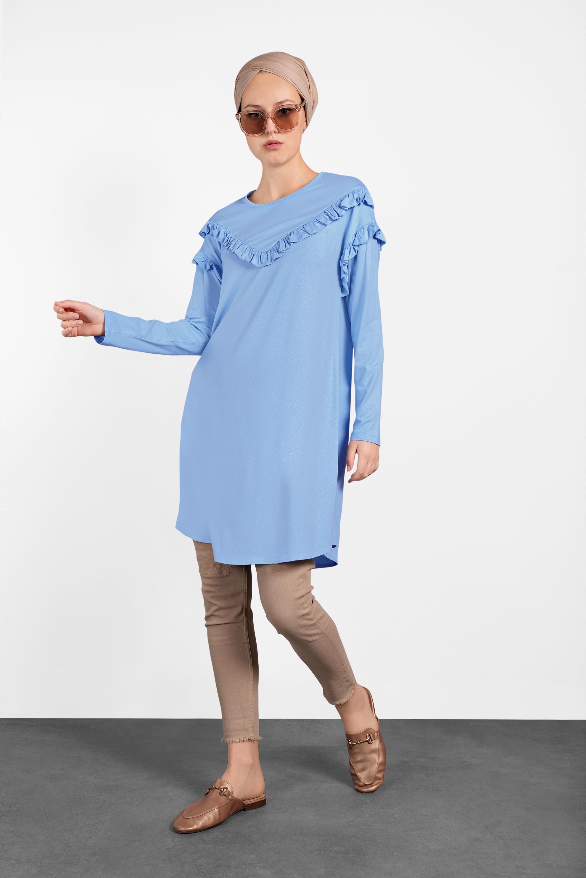 Tesettür giyim MAVİ FIRFIR DETAYLI PENYE TUNİK 4363