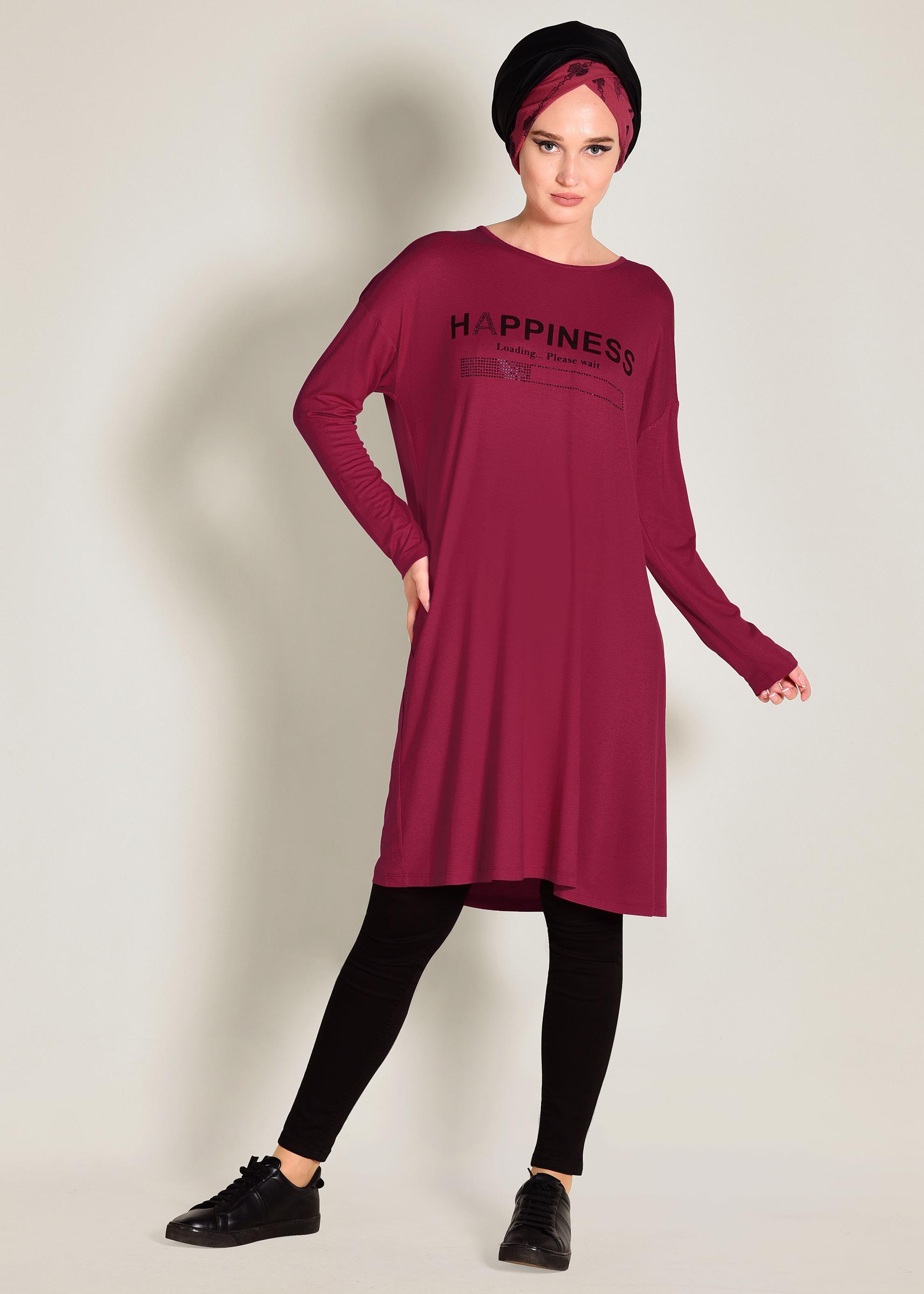 Tesettür giyim KIRMIZI YAZILI BASİC TUNİK 4365