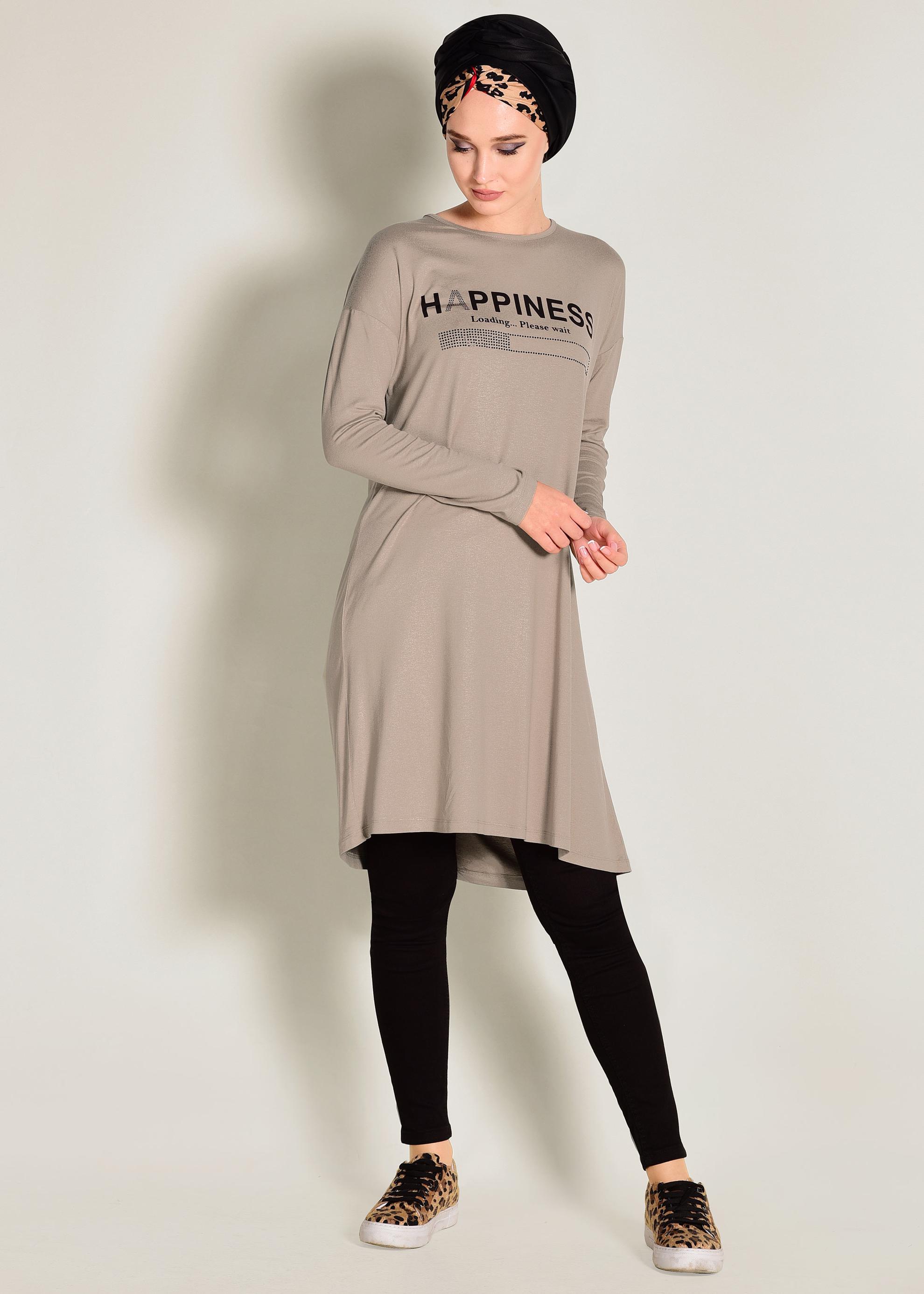 Tesettür giyim BEJ YAZILI BASİC TUNİK 4365