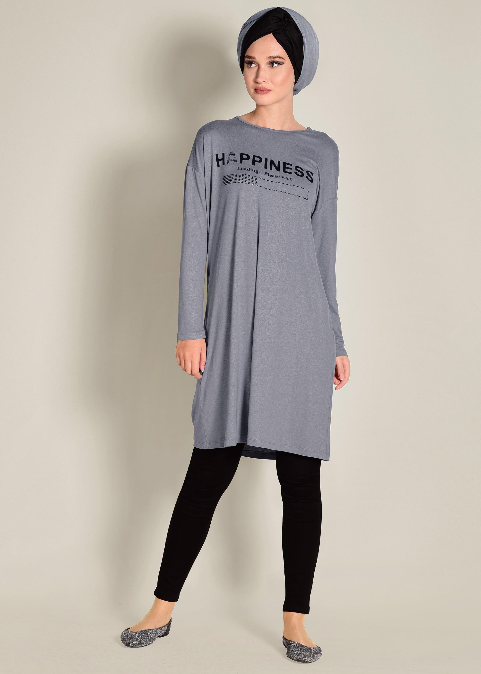 Tesettür giyim GRİ YAZILI BASİC TUNİK 4365