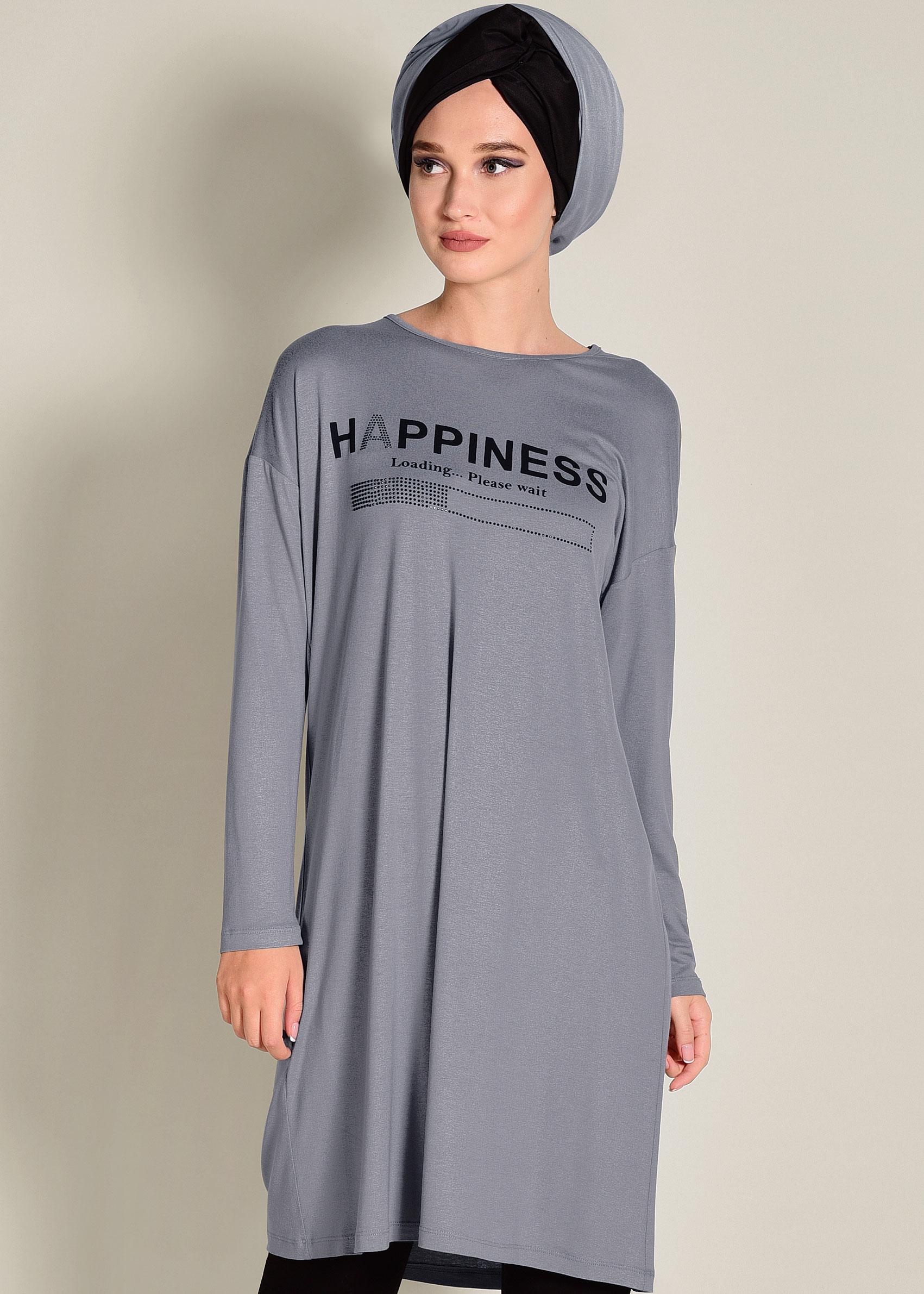 Tesettür giyim GRİ YAZILI BASİC TUNİK 4365
