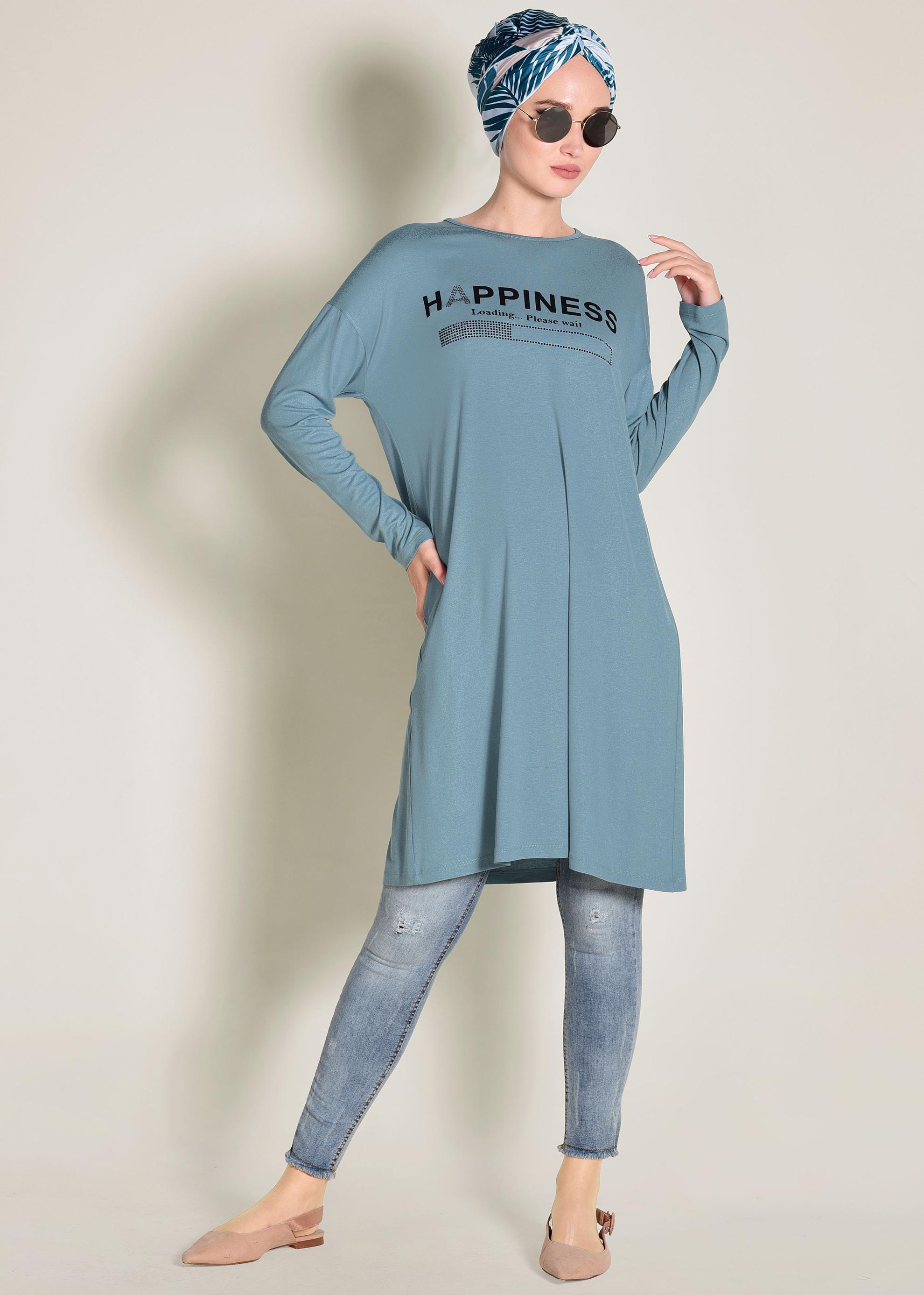 Tesettür giyim MAVİ YAZILI BASİC TUNİK 4365