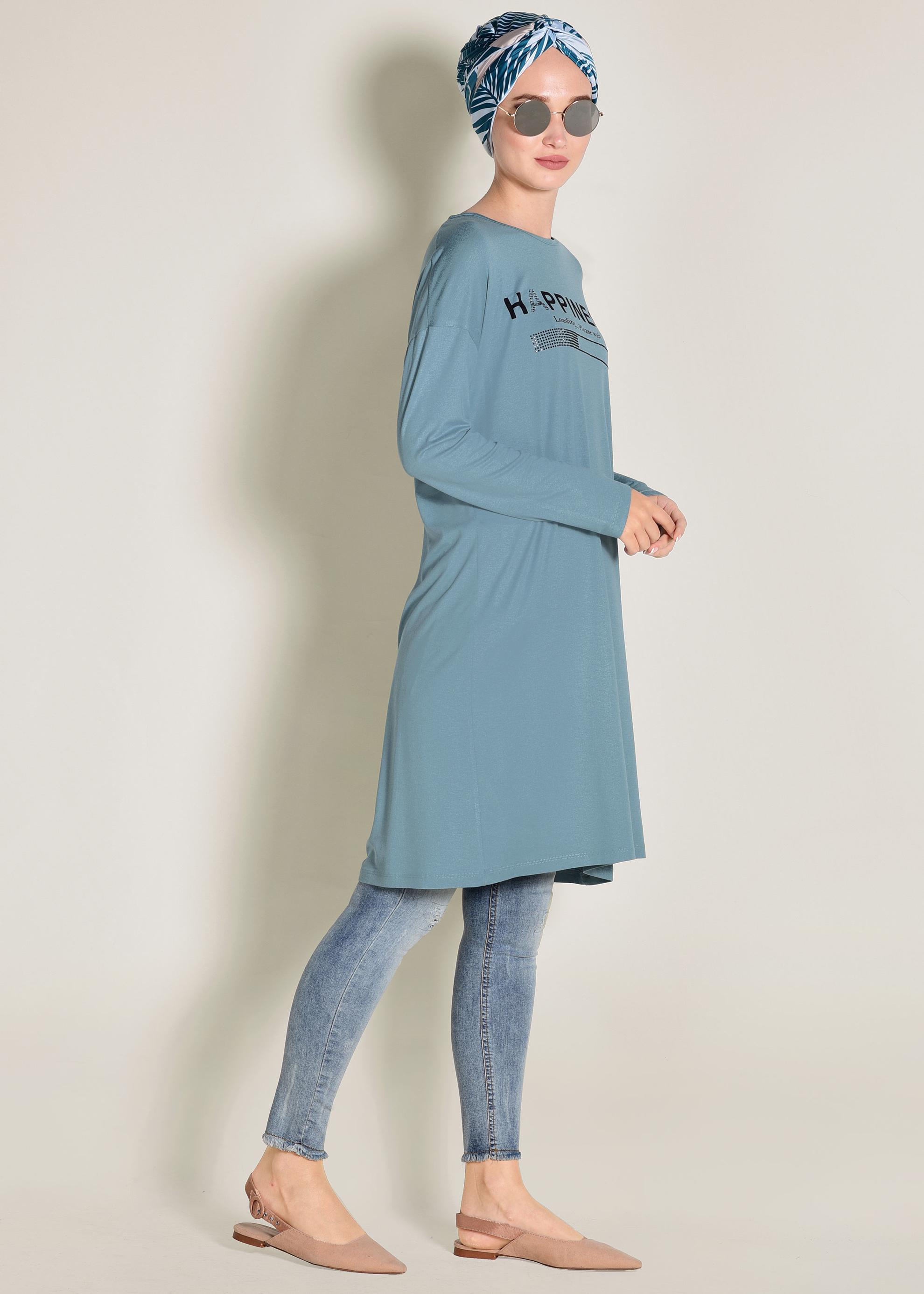 Tesettür giyim MAVİ YAZILI BASİC TUNİK 4365