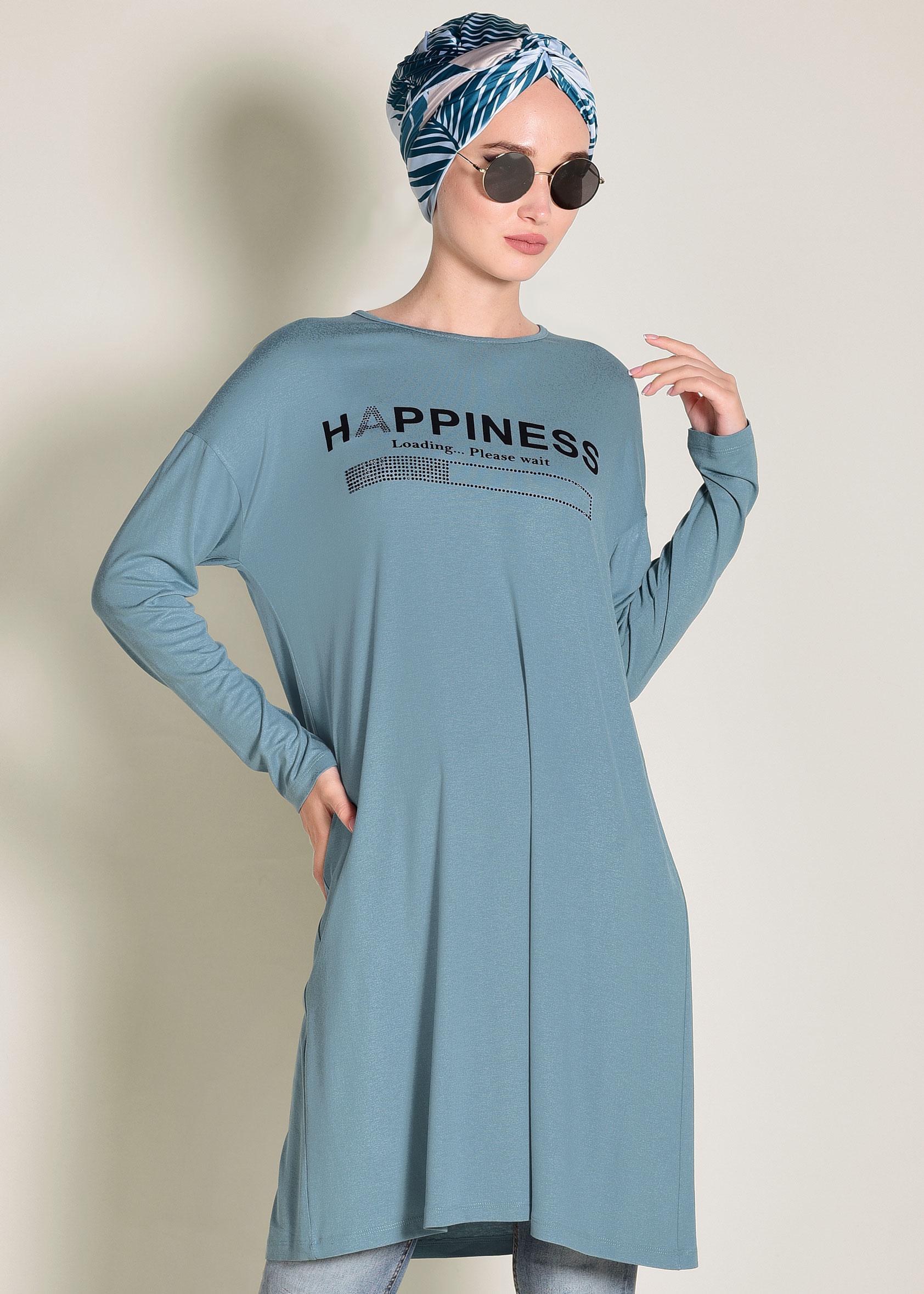 Tesettür giyim MAVİ YAZILI BASİC TUNİK 4365