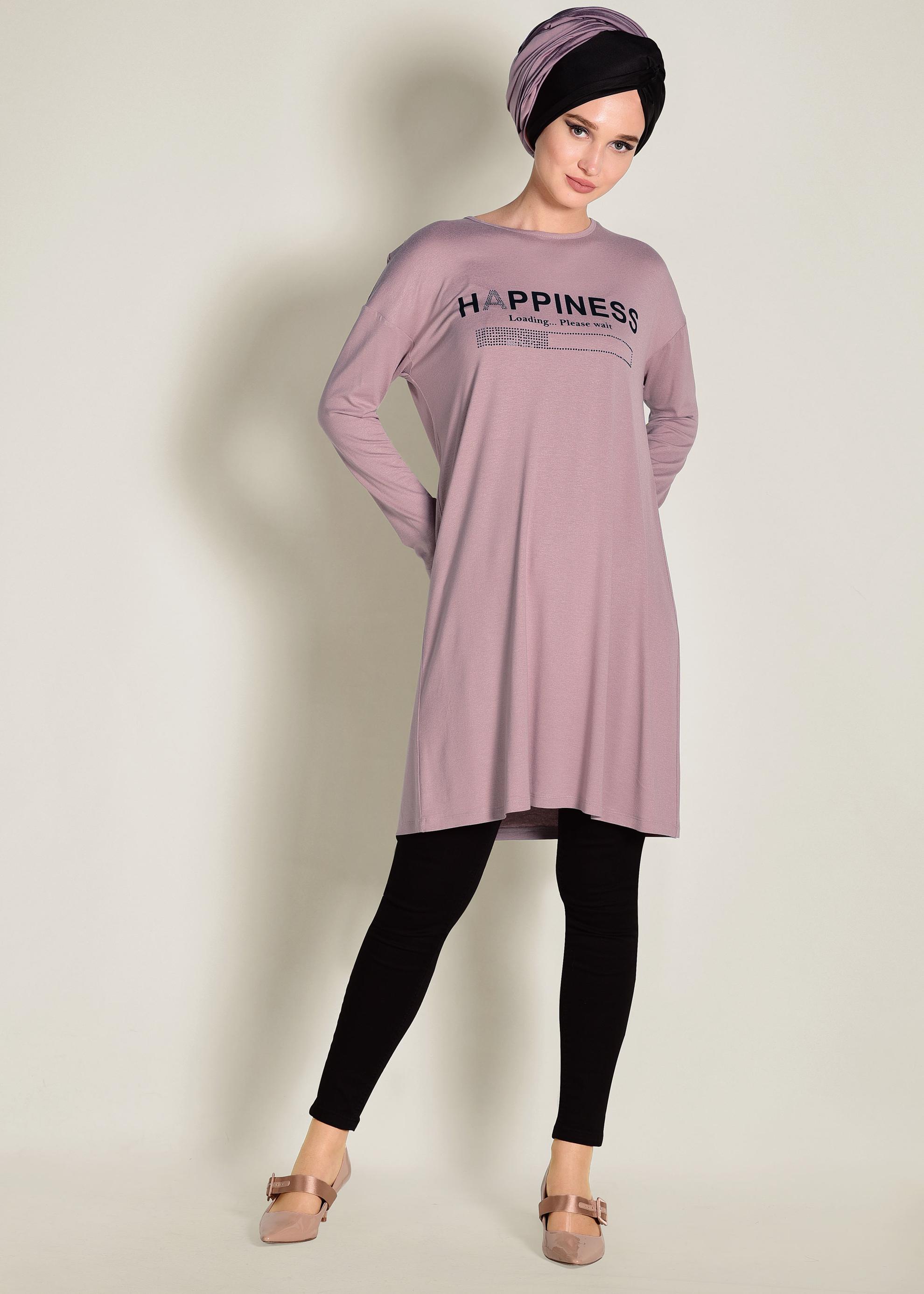 Tesettür giyim PEMBE YAZILI BASİC TUNİK 4365