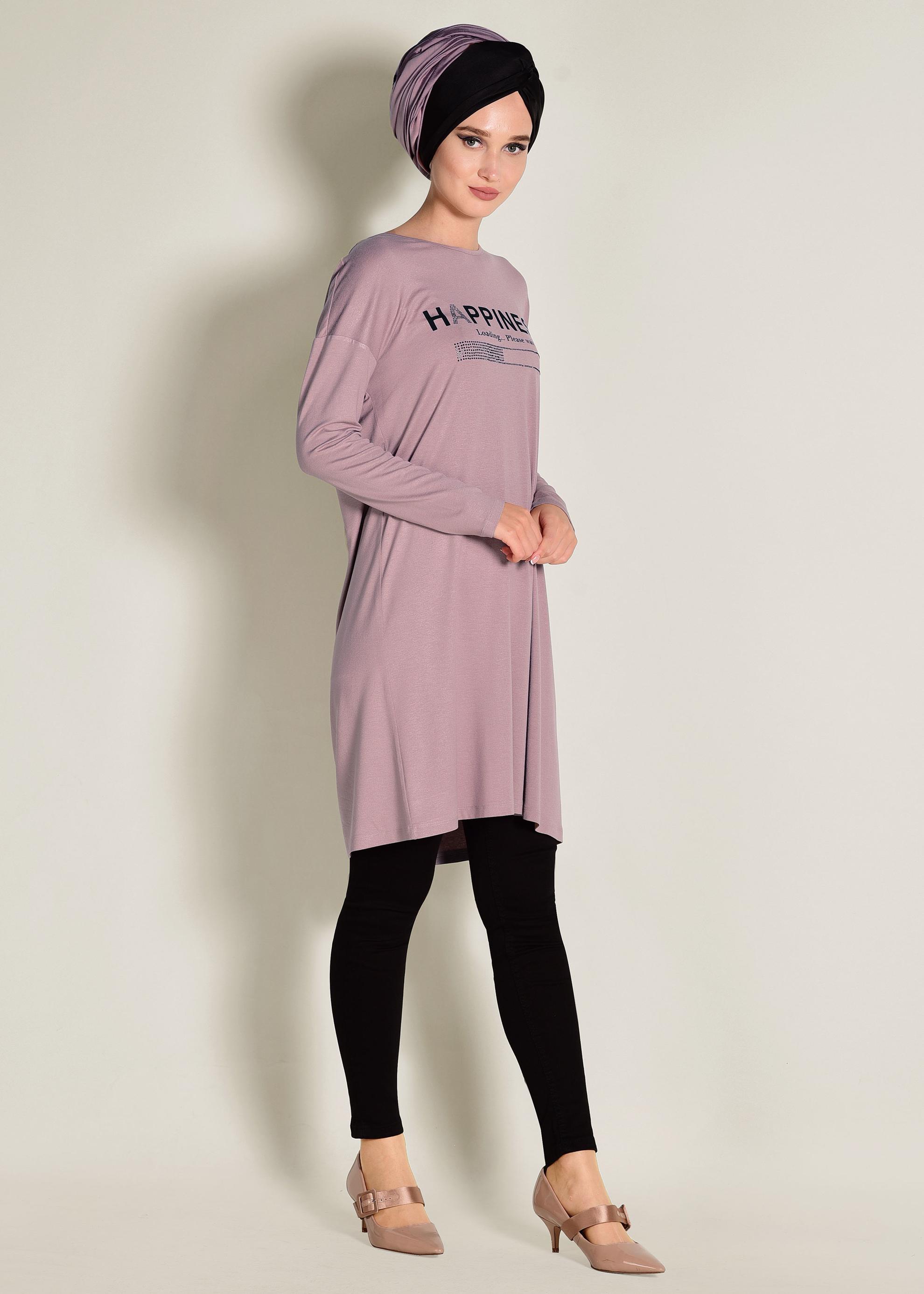 Tesettür giyim PEMBE YAZILI BASİC TUNİK 4365