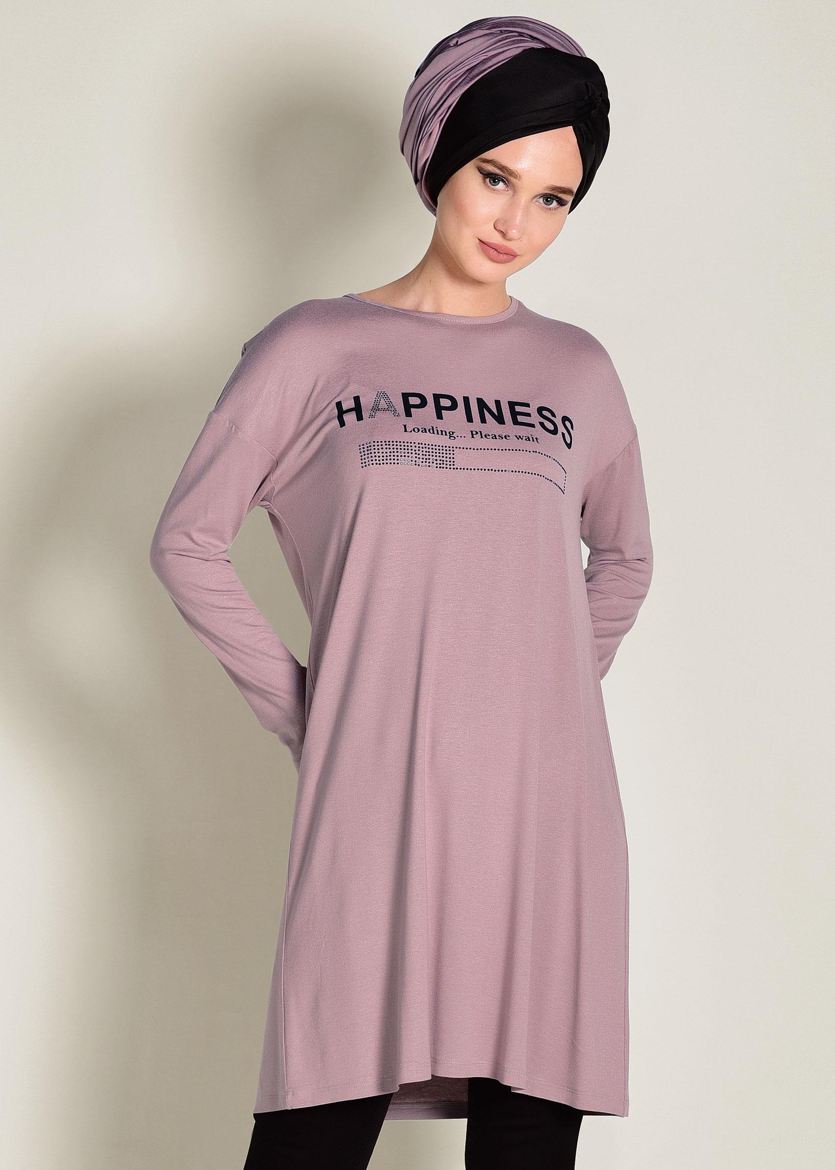 Tesettür giyim PEMBE YAZILI BASİC TUNİK 4365