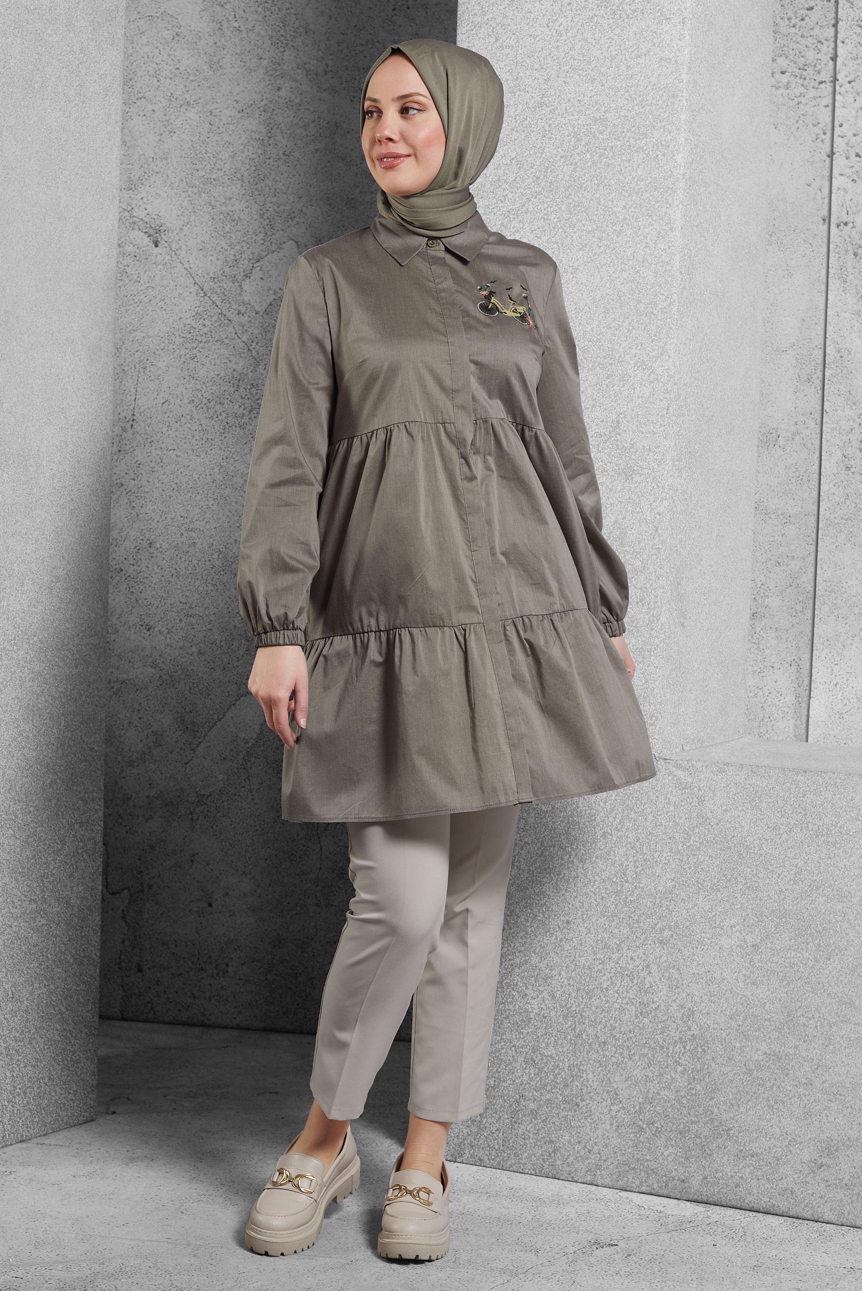 Tesettür giyim KAHVE NAKIŞ DETAYLI TUNİK 4367