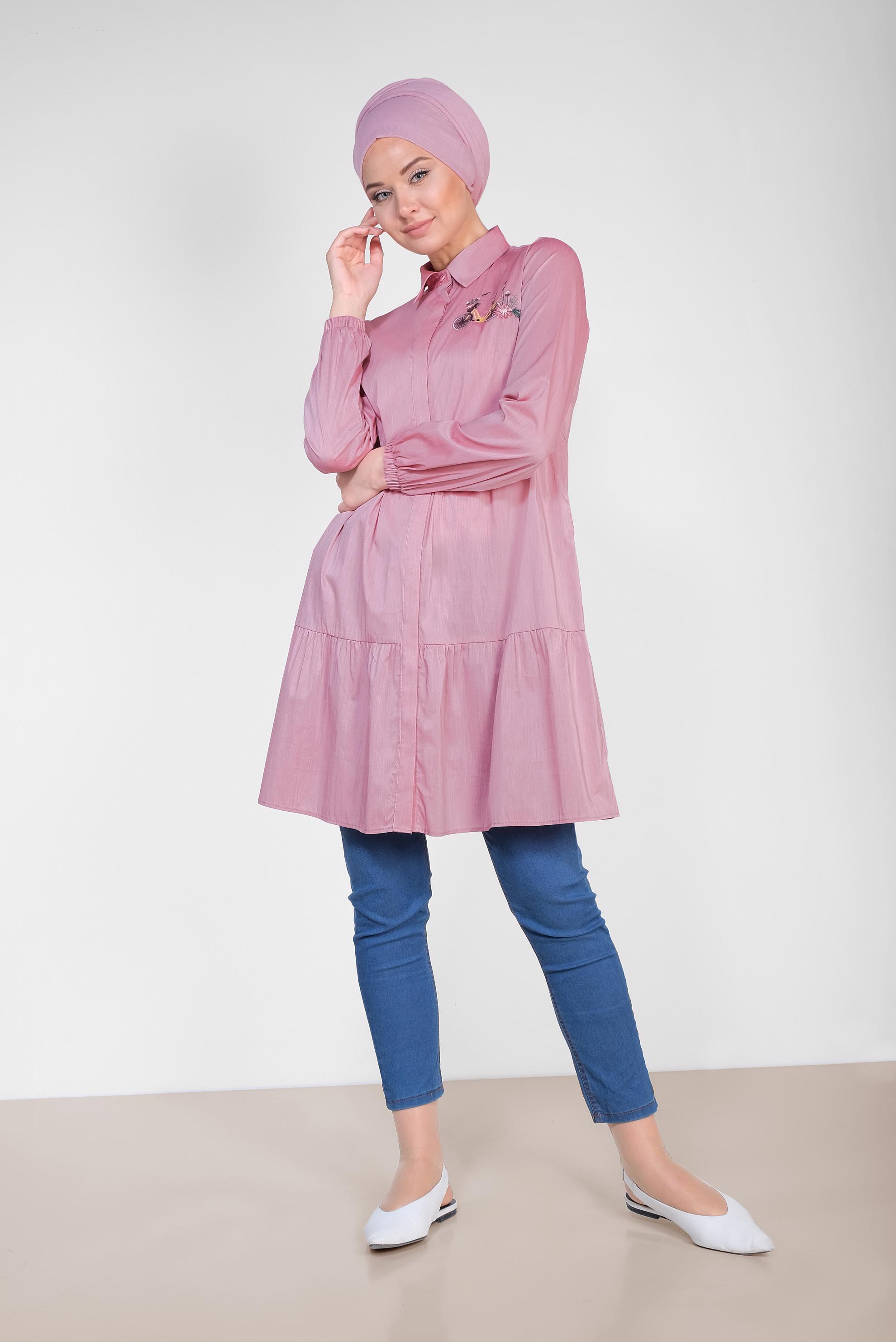 Tesettür giyim PUDRA NAKIŞ DETAYLI TUNİK 4367