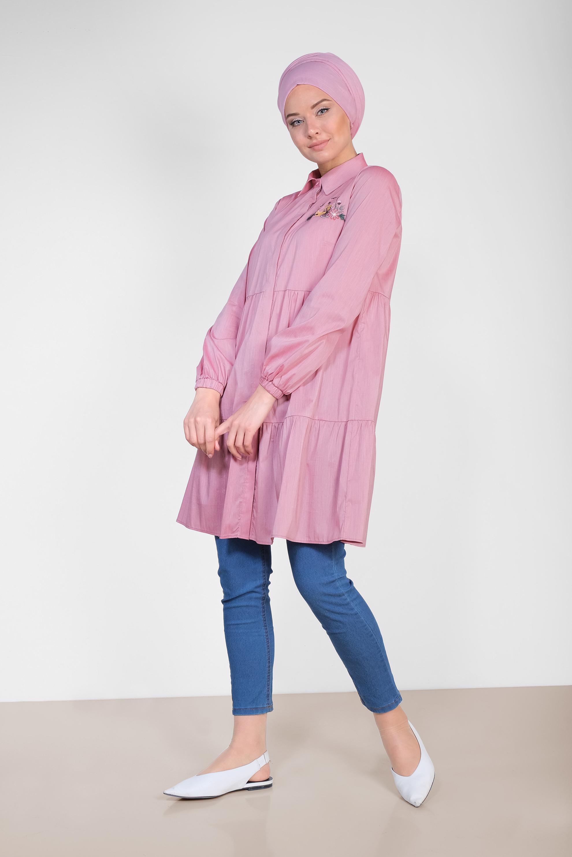 Tesettür giyim PUDRA NAKIŞ DETAYLI TUNİK 4367