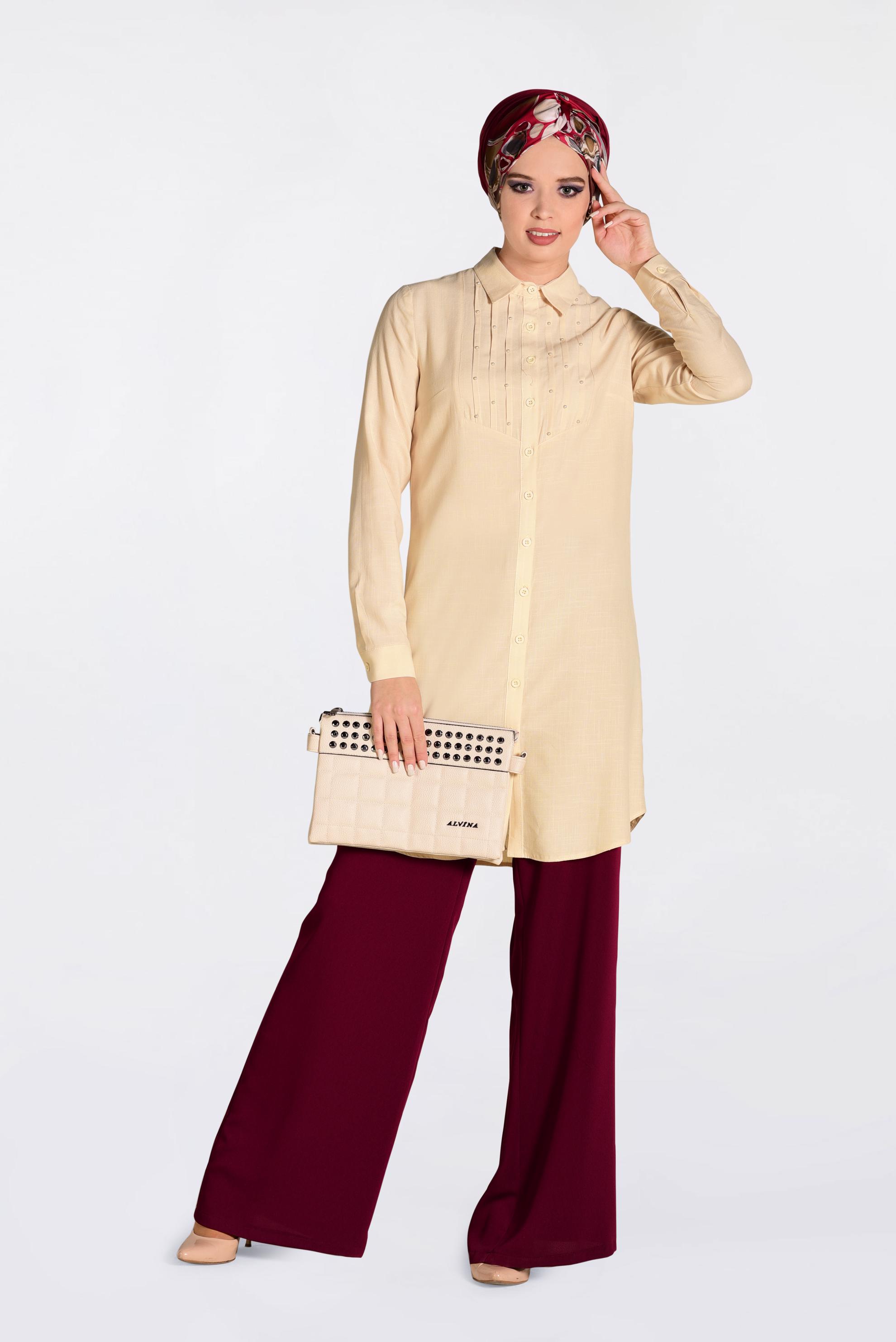 Tesettür giyim BEJ BONCUK DETAYLI ÖNDEN DÜĞMELİ TUNİK 4369