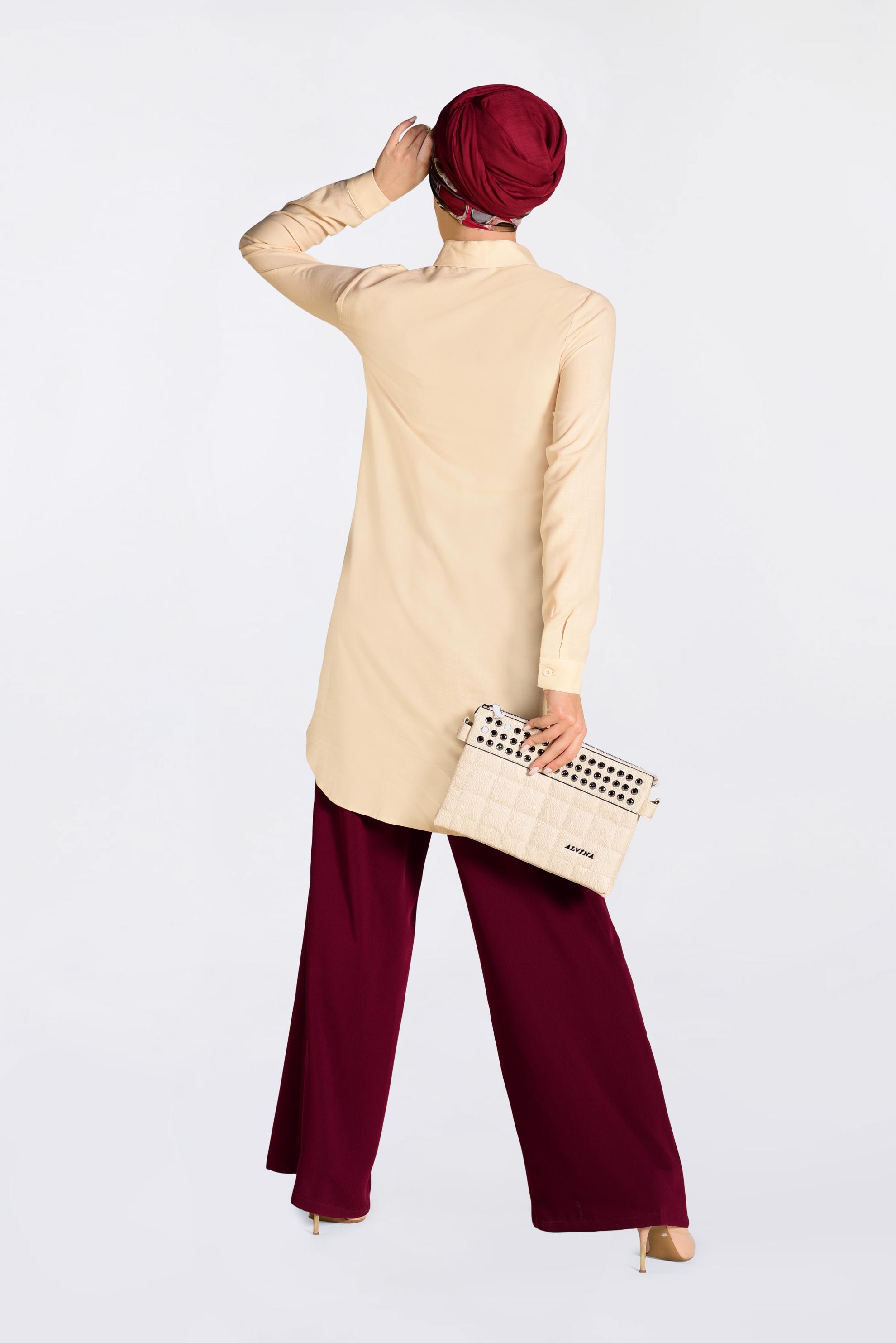 Tesettür giyim BEJ BONCUK DETAYLI ÖNDEN DÜĞMELİ TUNİK 4369