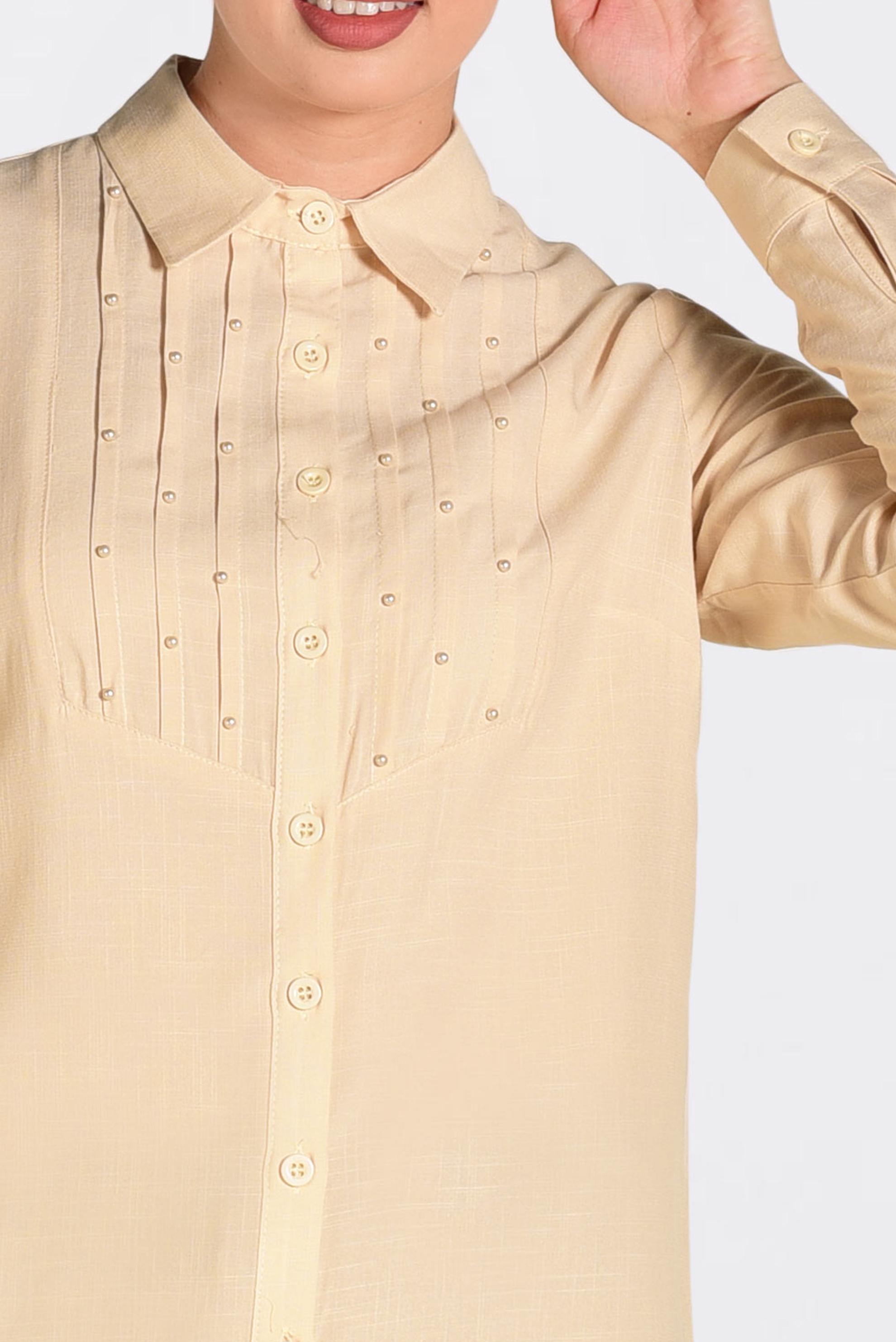 Tesettür giyim BEJ BONCUK DETAYLI ÖNDEN DÜĞMELİ TUNİK 4369