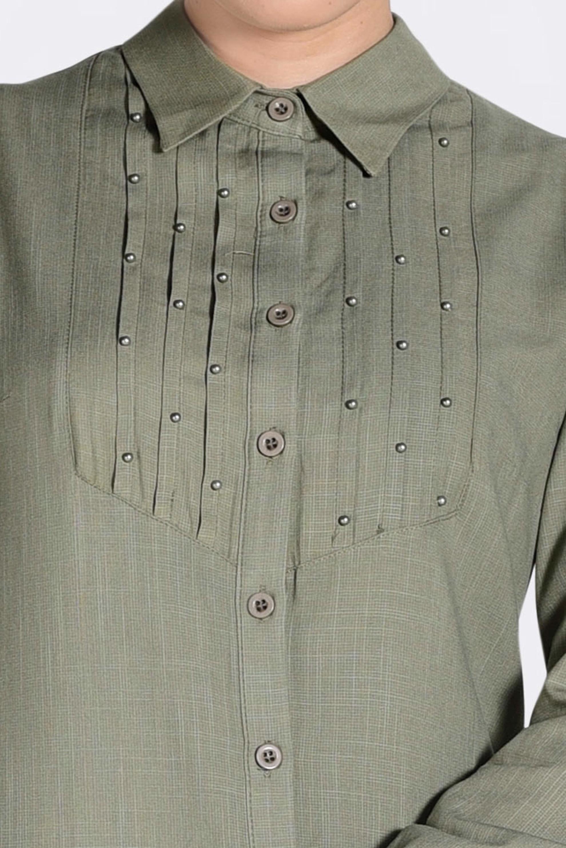 Tesettür giyim HAKİ BONCUK DETAYLI ÖNDEN DÜĞMELİ TUNİK 4369