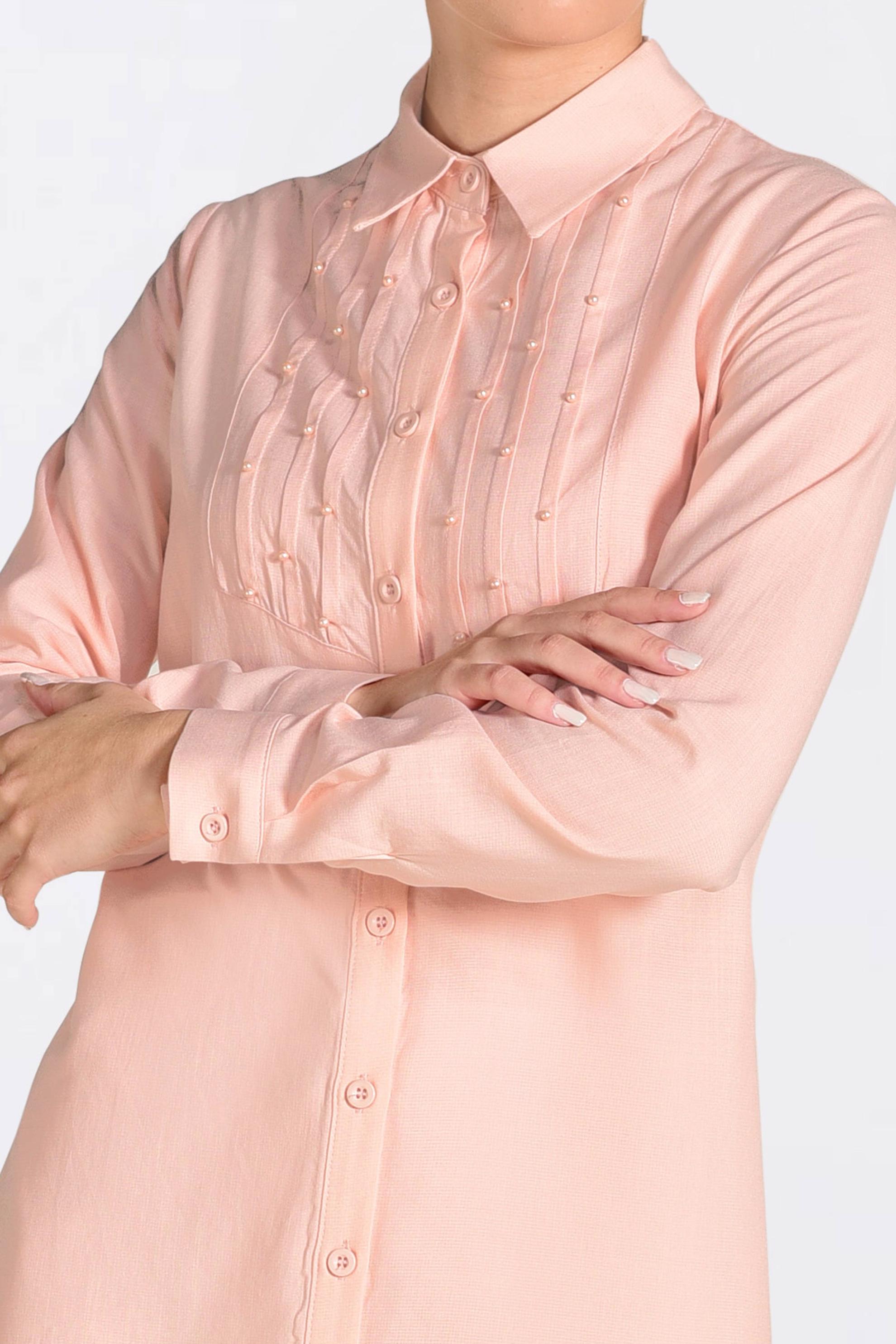 Tesettür giyim PUDRA BONCUK DETAYLI ÖNDEN DÜĞMELİ TUNİK 4369