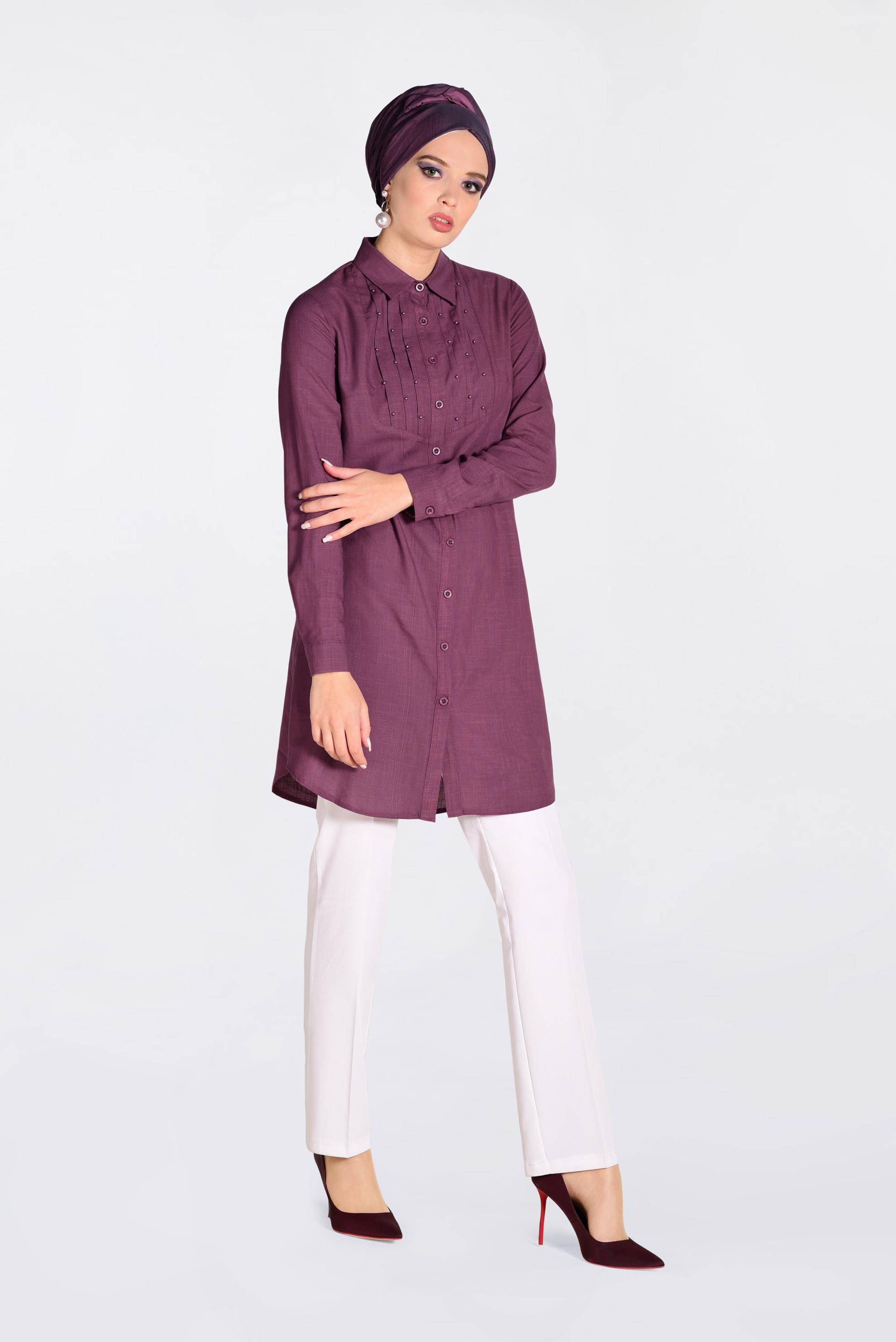 Tesettür giyim MOR BONCUK DETAYLI ÖNDEN DÜĞMELİ TUNİK 4369