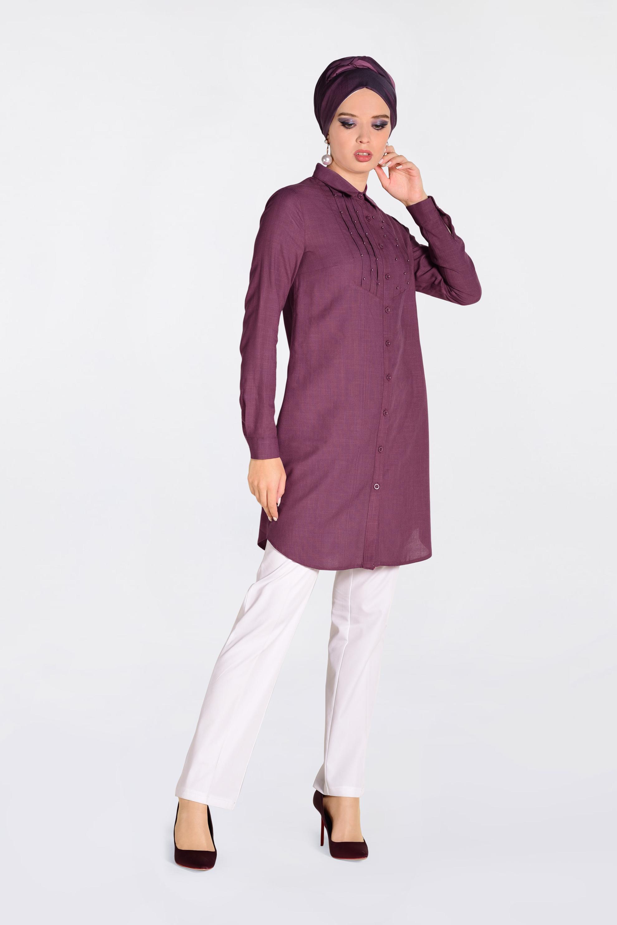 Tesettür giyim MOR BONCUK DETAYLI ÖNDEN DÜĞMELİ TUNİK 4369