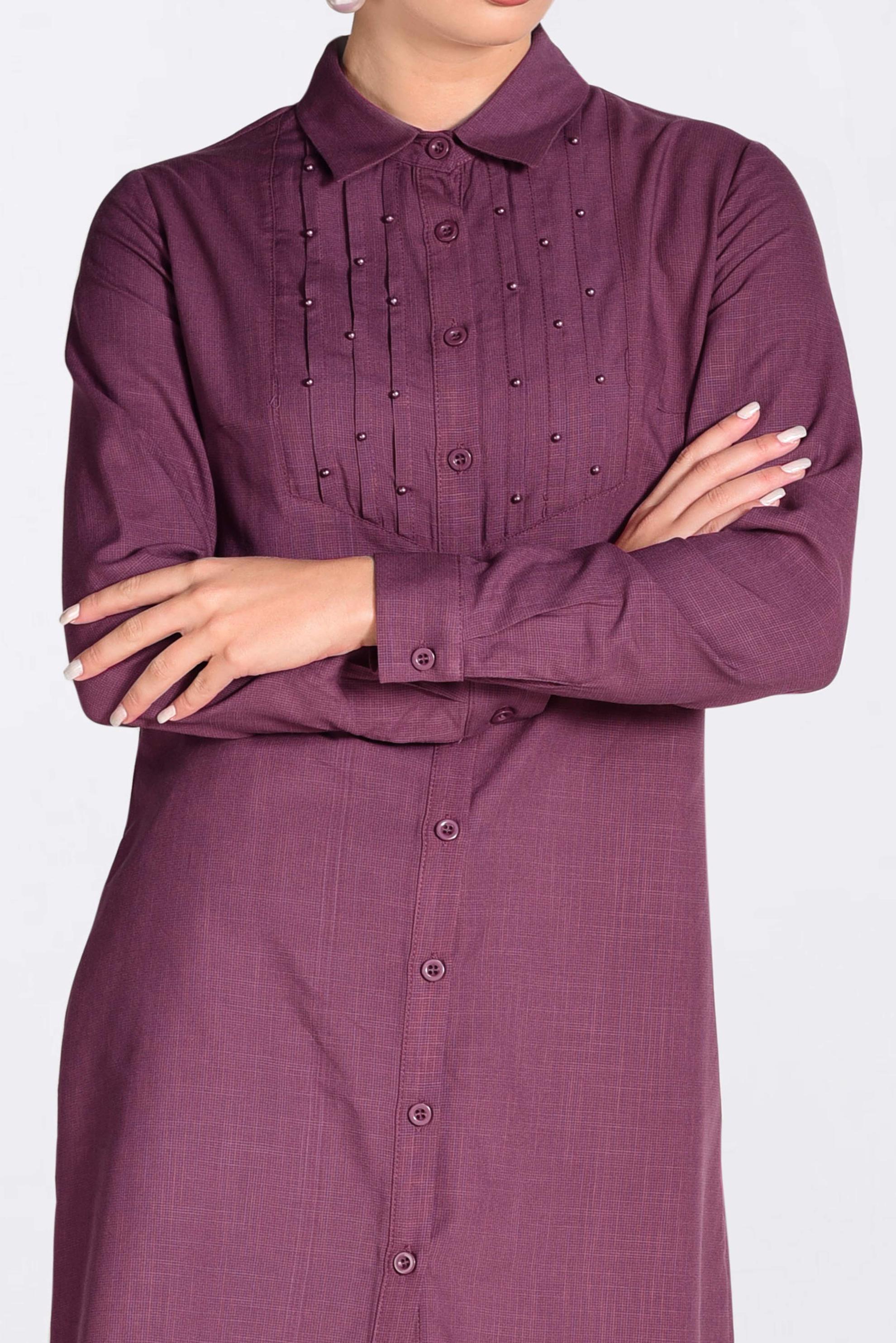 Tesettür giyim MOR BONCUK DETAYLI ÖNDEN DÜĞMELİ TUNİK 4369