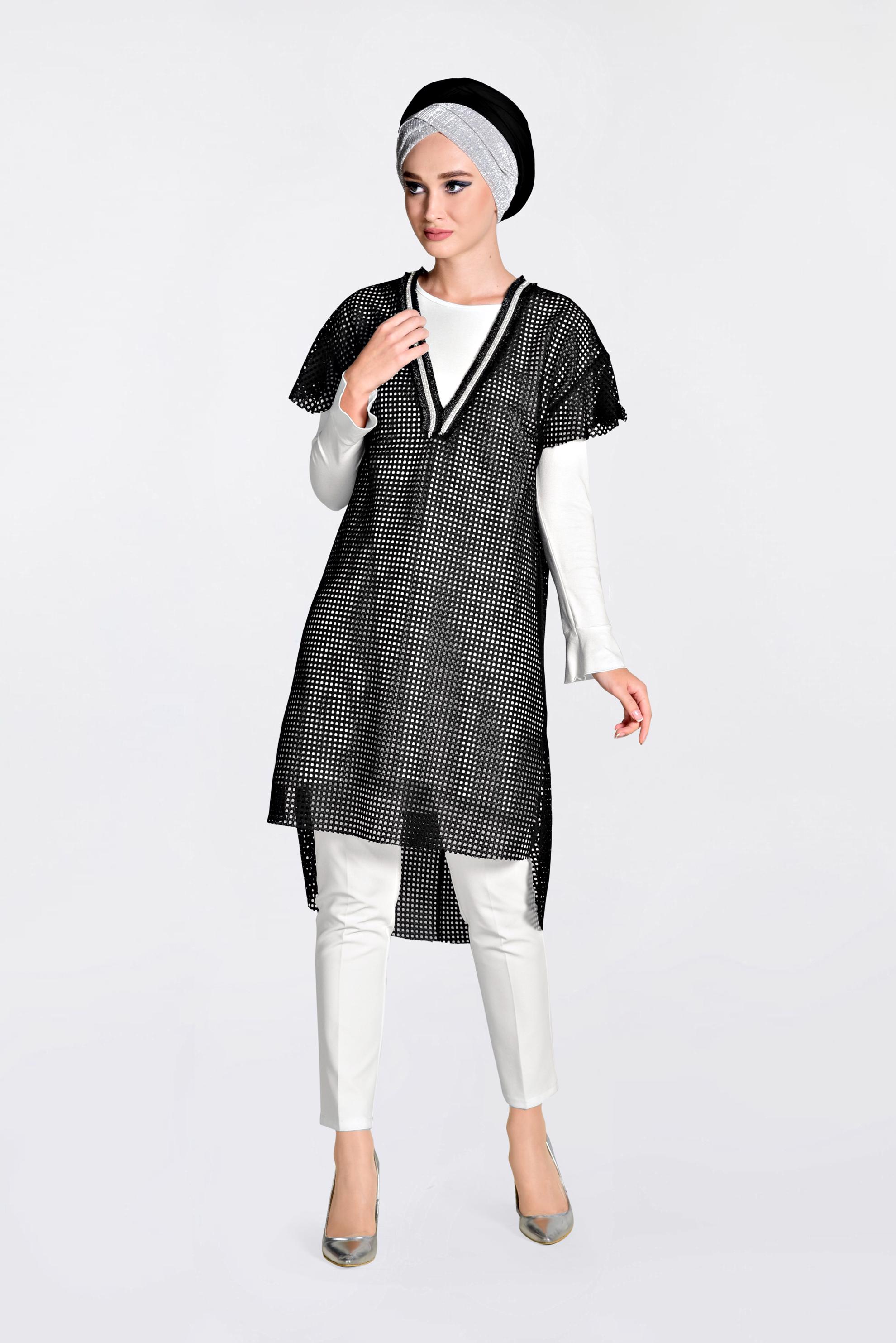 Tesettür giyim SİYAH FİLELİ GROGREN ŞERİTLİ İKİLİ TUNİK 4378