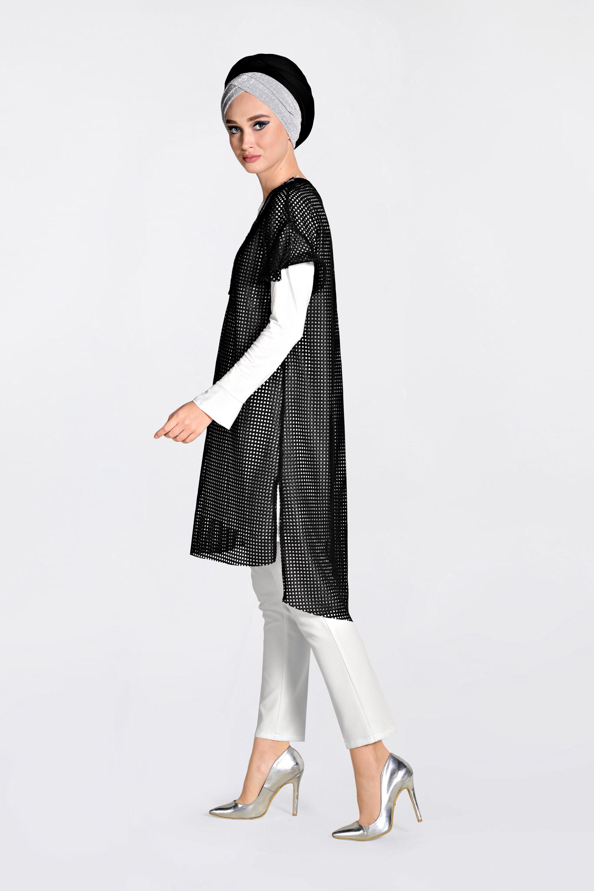 Tesettür giyim SİYAH FİLELİ GROGREN ŞERİTLİ İKİLİ TUNİK 4378