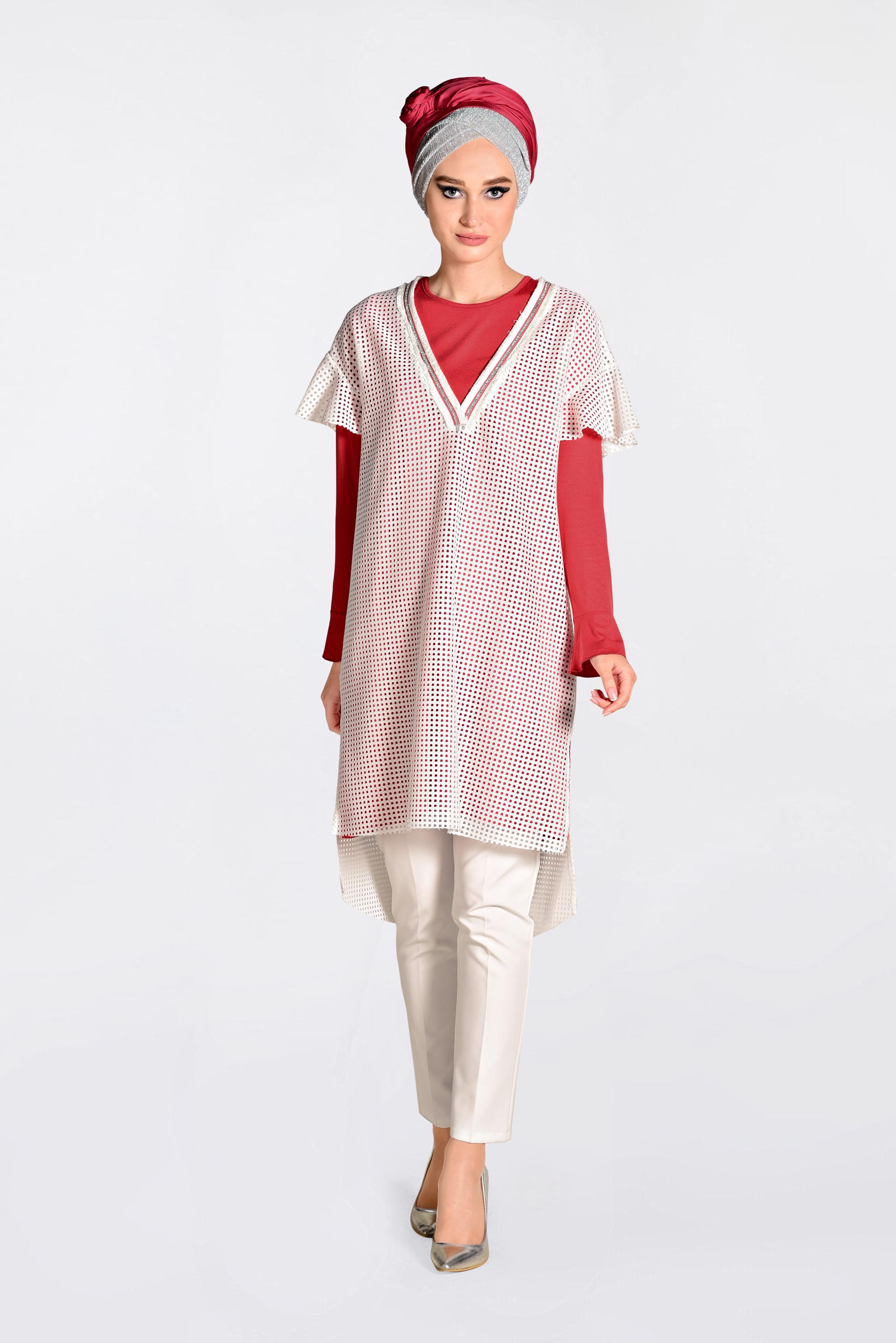 Tesettür giyim BEYAZ FİLELİ GROGREN ŞERİTLİ İKİLİ TUNİK 4378