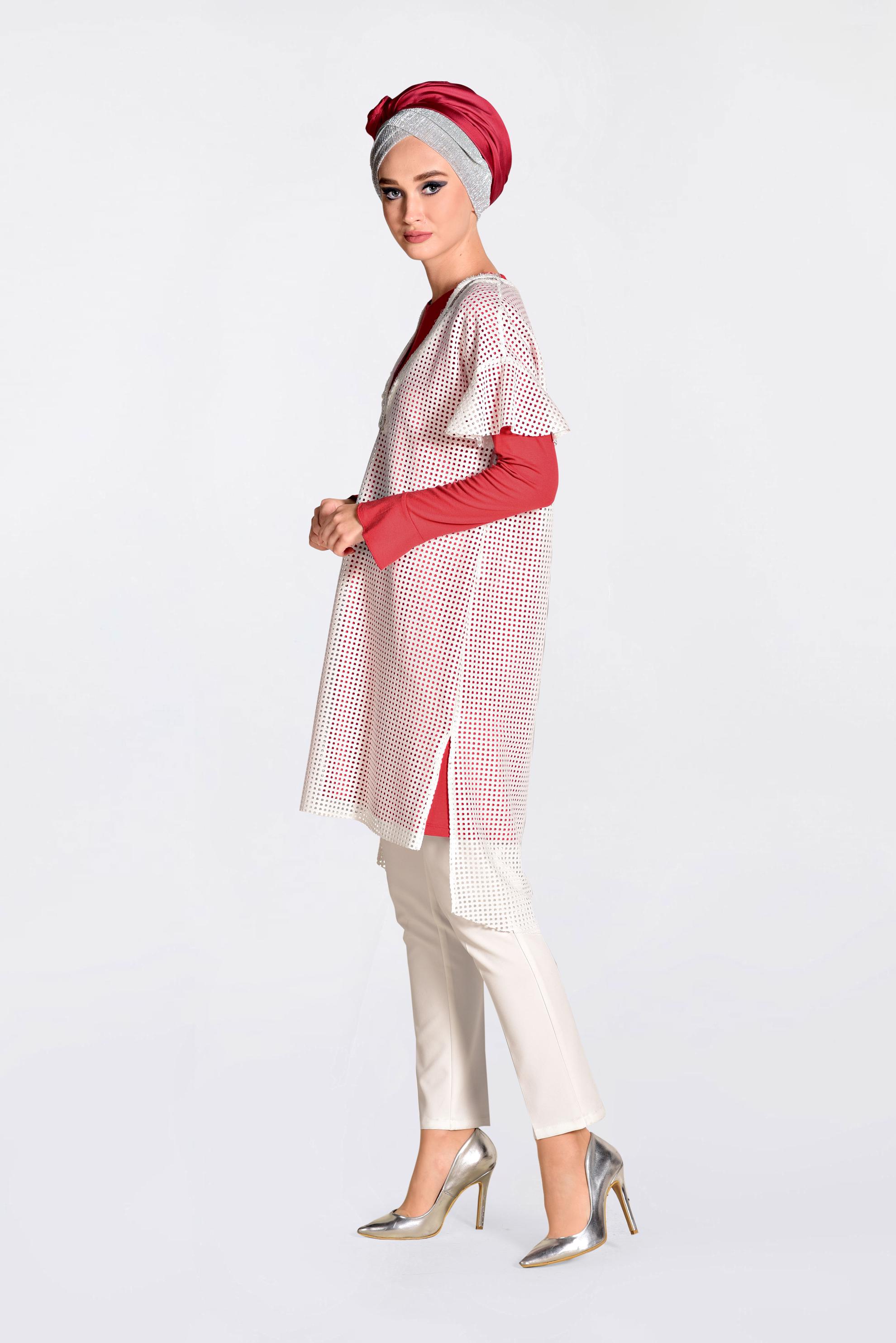 Tesettür giyim BEYAZ FİLELİ GROGREN ŞERİTLİ İKİLİ TUNİK 4378