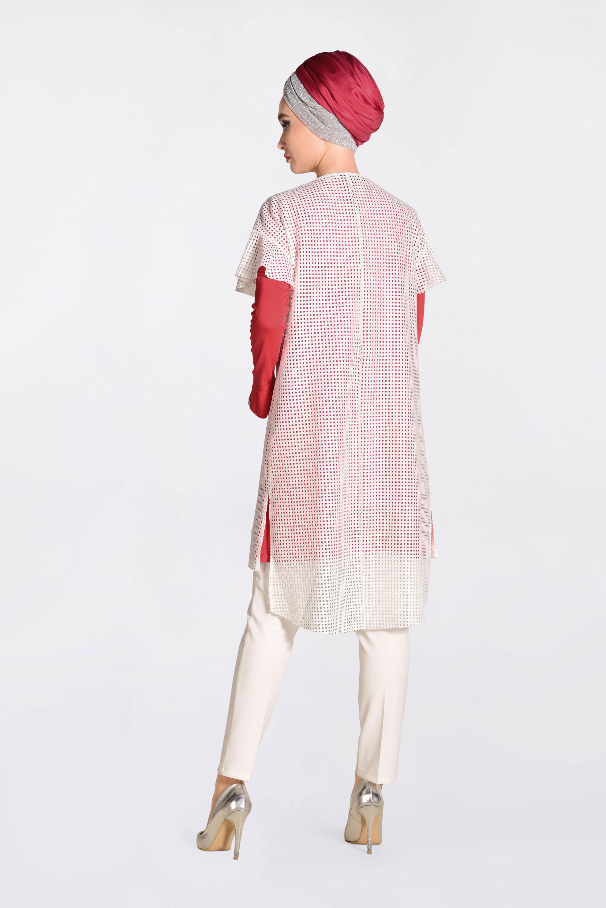 Tesettür giyim BEYAZ FİLELİ GROGREN ŞERİTLİ İKİLİ TUNİK 4378