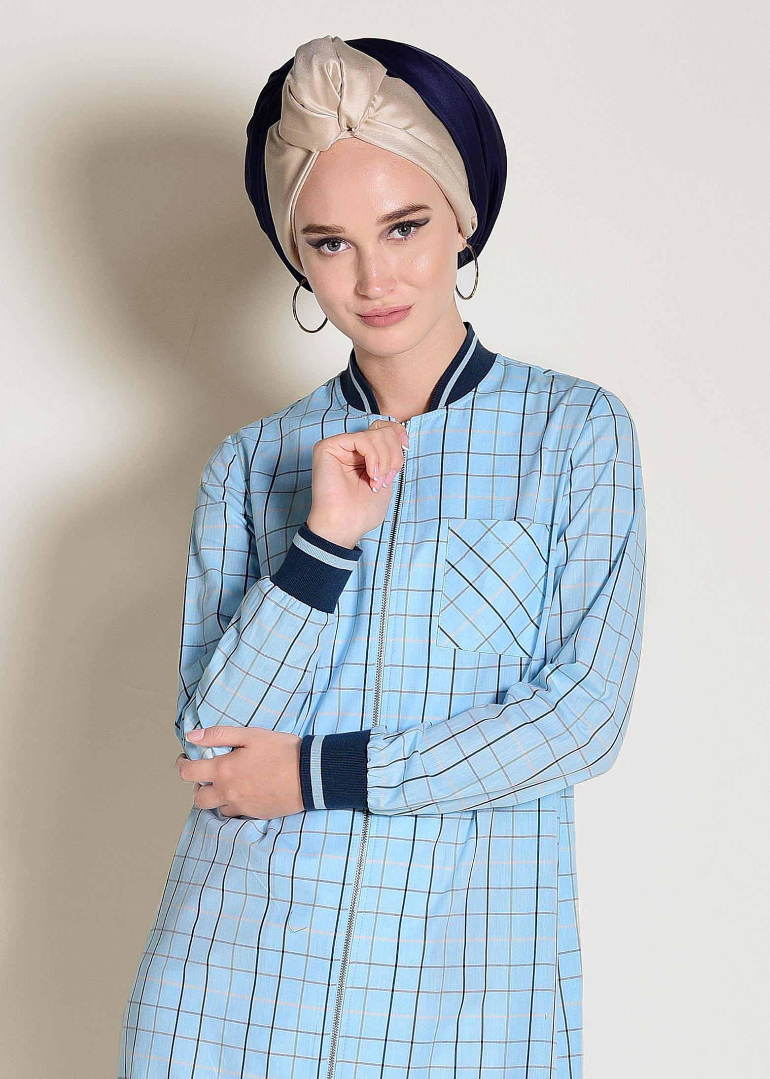 Tesettür giyim MAVİ FERMUARLI PAMUKLU EKOSE TUNİK 4379