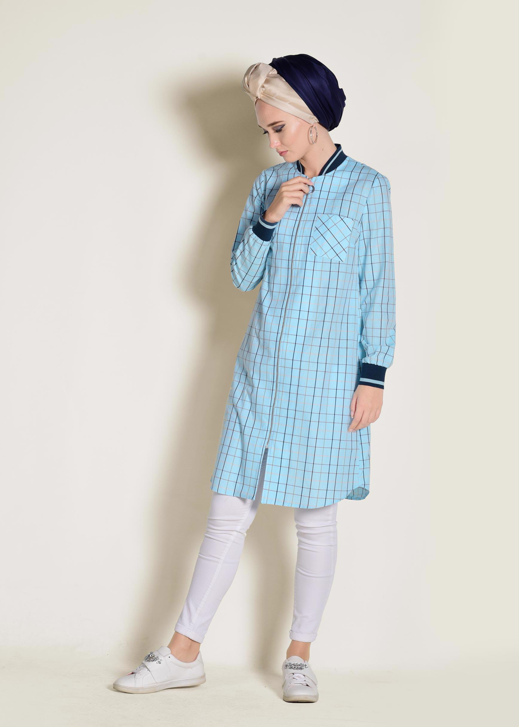 Tesettür giyim MAVİ FERMUARLI PAMUKLU EKOSE TUNİK 4379