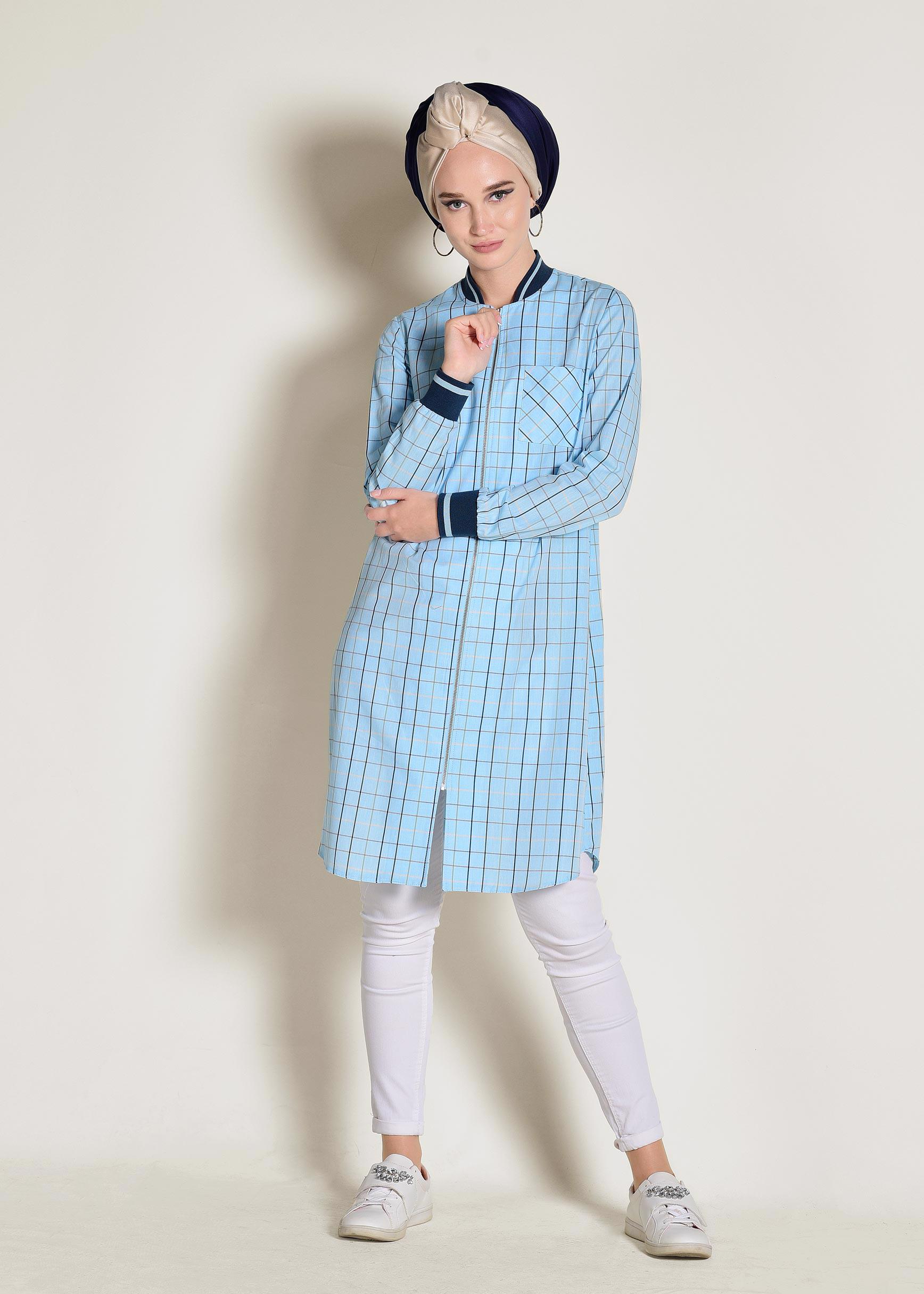 Tesettür giyim MAVİ FERMUARLI PAMUKLU EKOSE TUNİK 4379