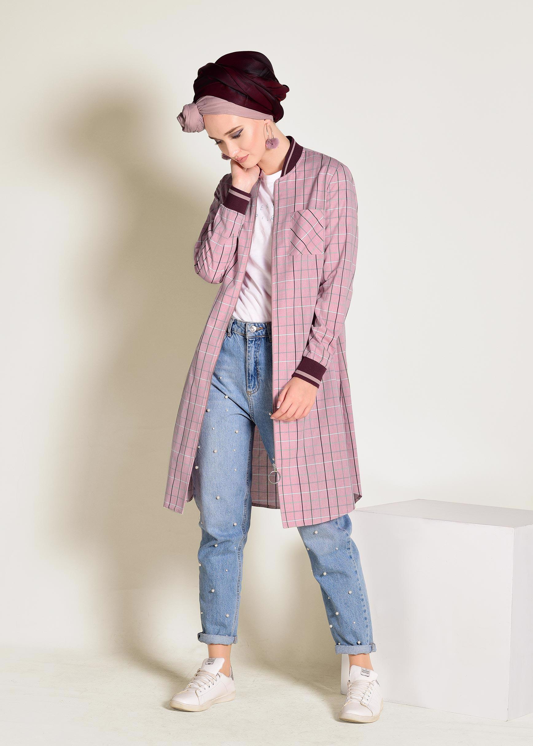 Tesettür giyim KIRMIZI FERMUARLI PAMUKLU EKOSE TUNİK 4379