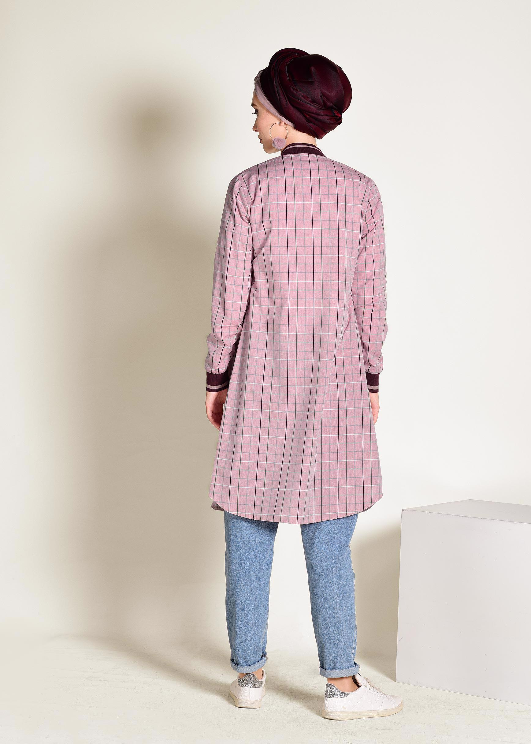 Tesettür giyim KIRMIZI FERMUARLI PAMUKLU EKOSE TUNİK 4379