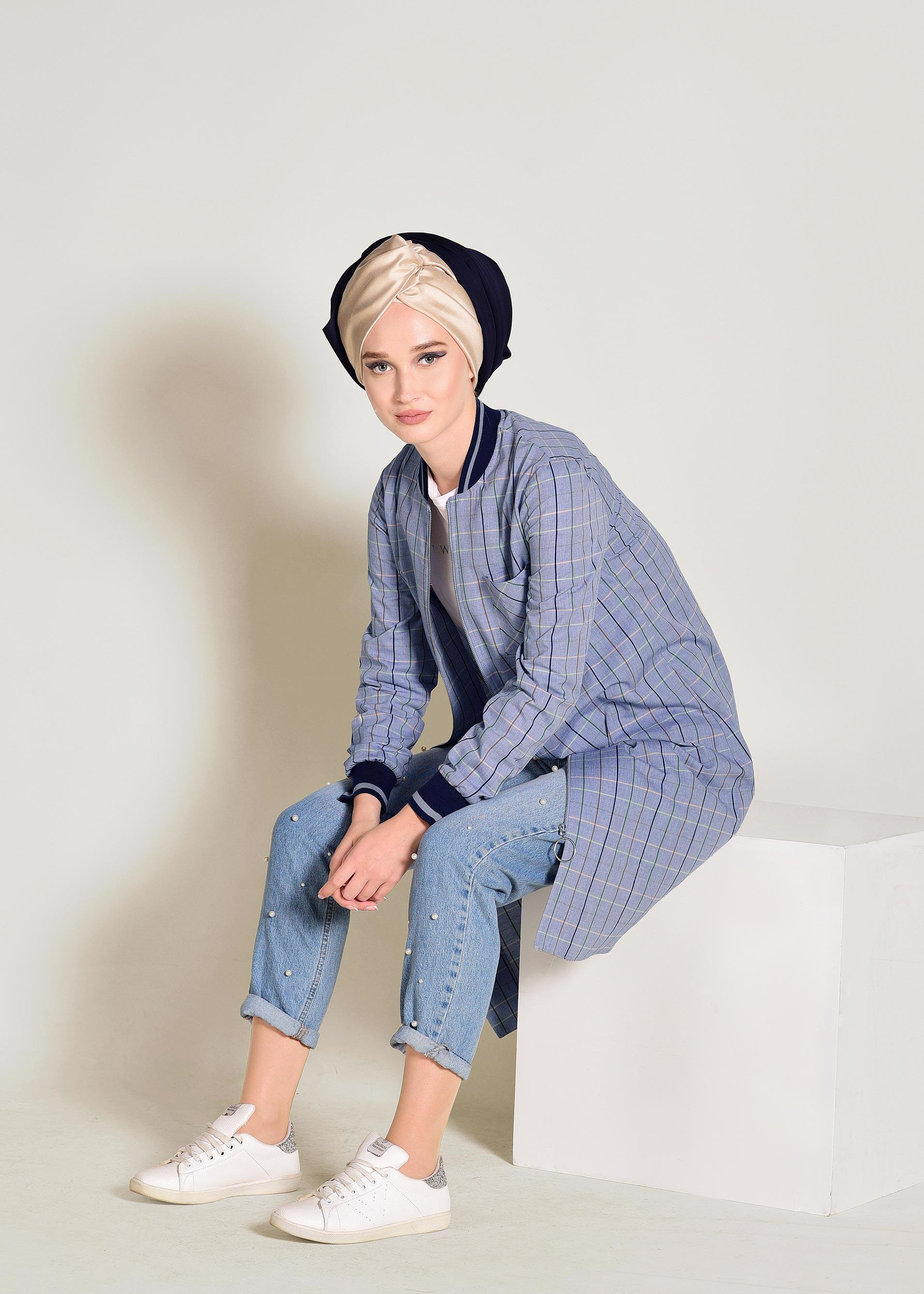 Tesettür giyim LACİVERT FERMUARLI PAMUKLU EKOSE TUNİK 4379