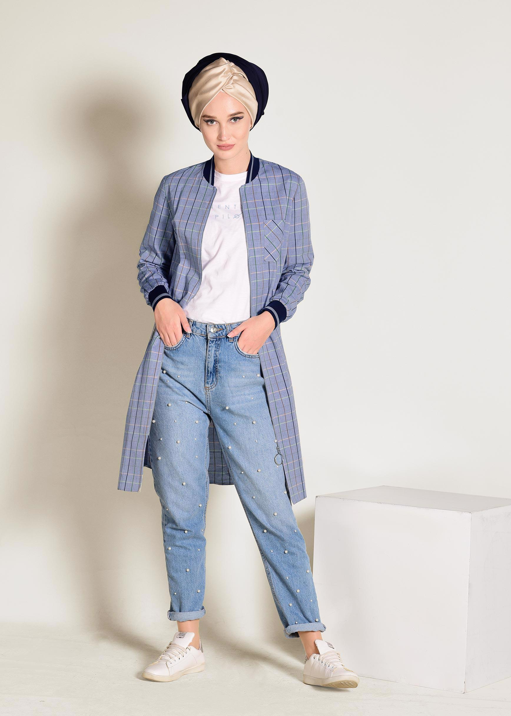 Tesettür giyim LACİVERT FERMUARLI PAMUKLU EKOSE TUNİK 4379