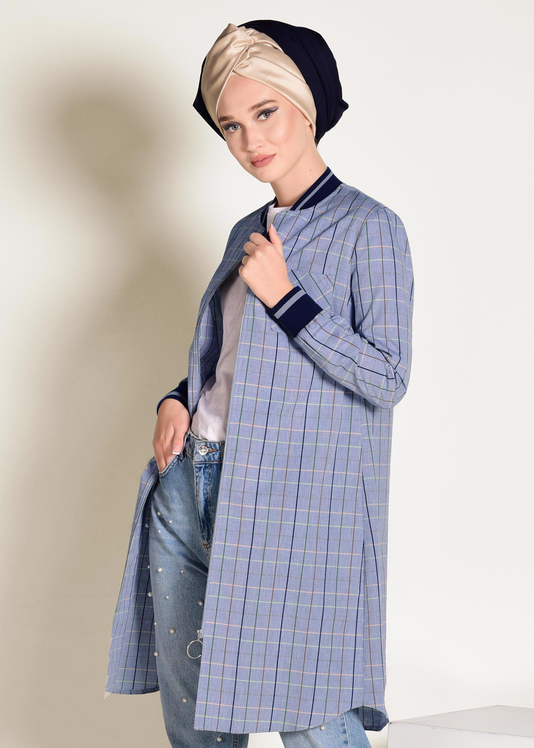 Tesettür giyim LACİVERT FERMUARLI PAMUKLU EKOSE TUNİK 4379