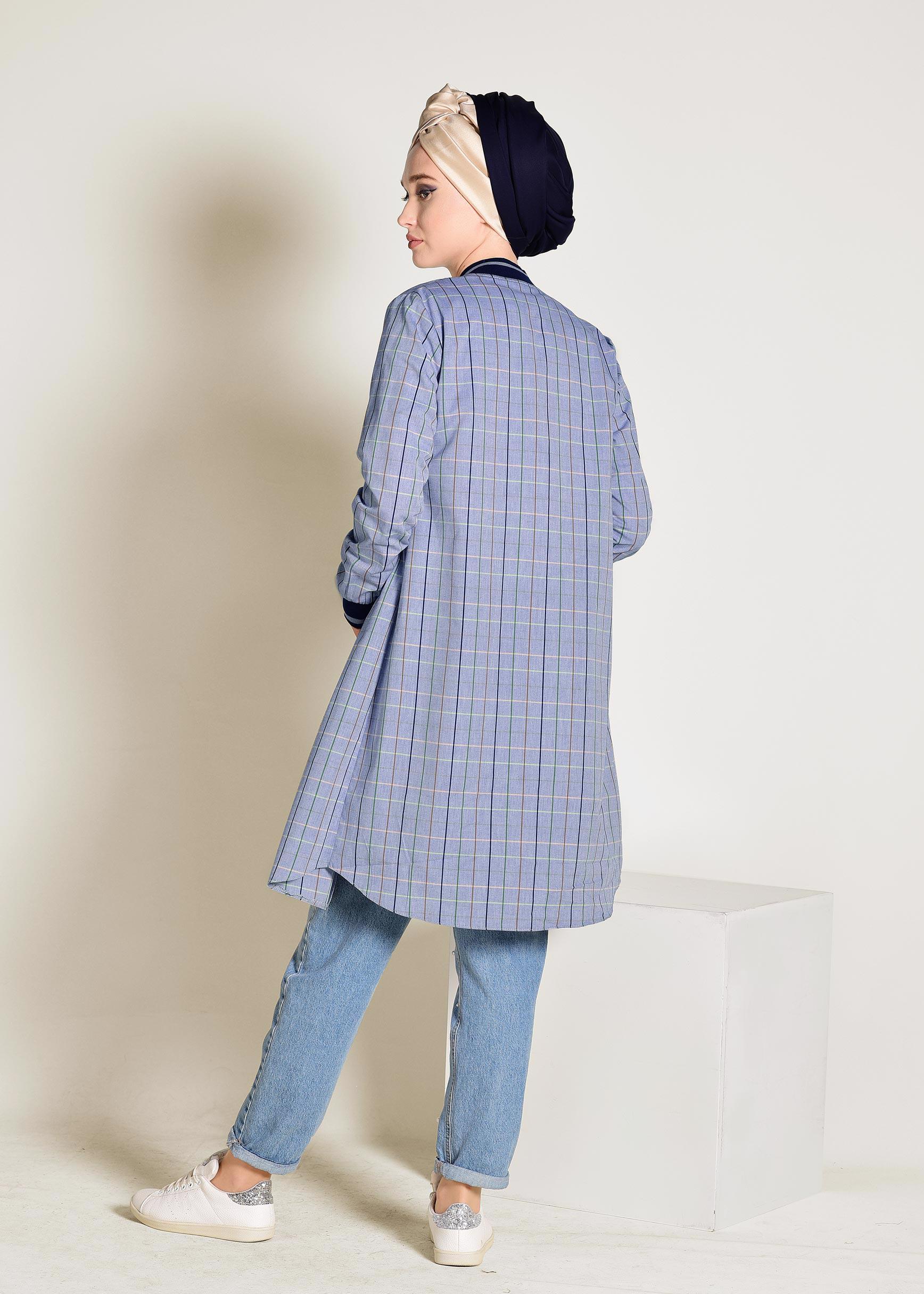 Tesettür giyim LACİVERT FERMUARLI PAMUKLU EKOSE TUNİK 4379