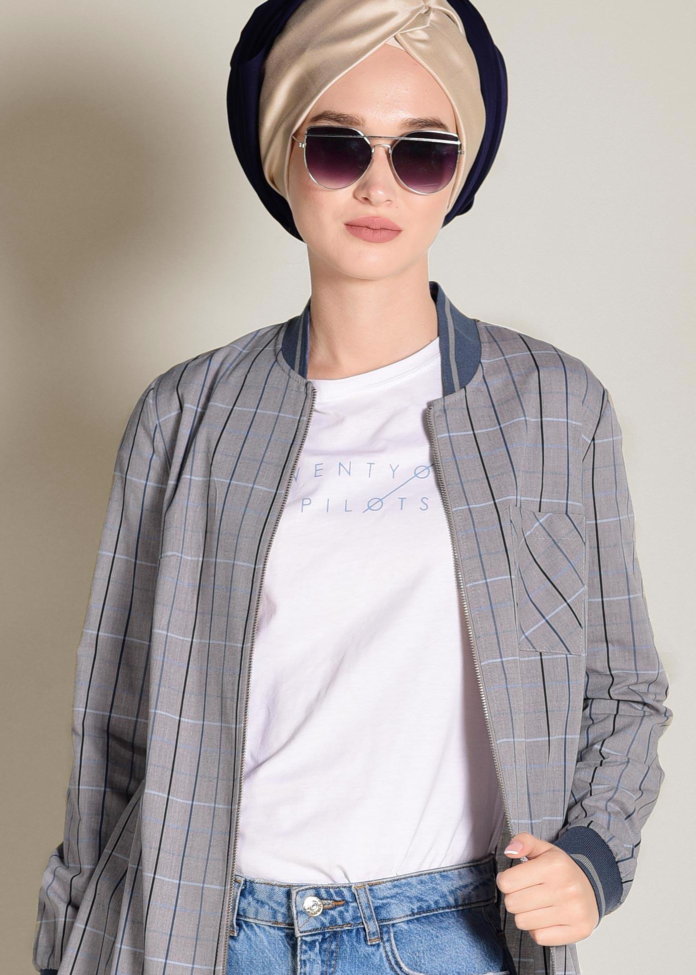 Tesettür giyim BEJ FERMUARLI PAMUKLU EKOSE TUNİK 4379