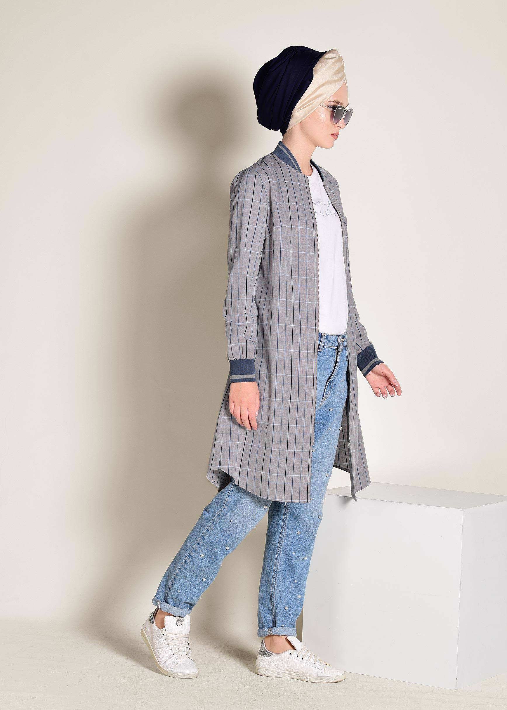 Tesettür giyim BEJ FERMUARLI PAMUKLU EKOSE TUNİK 4379