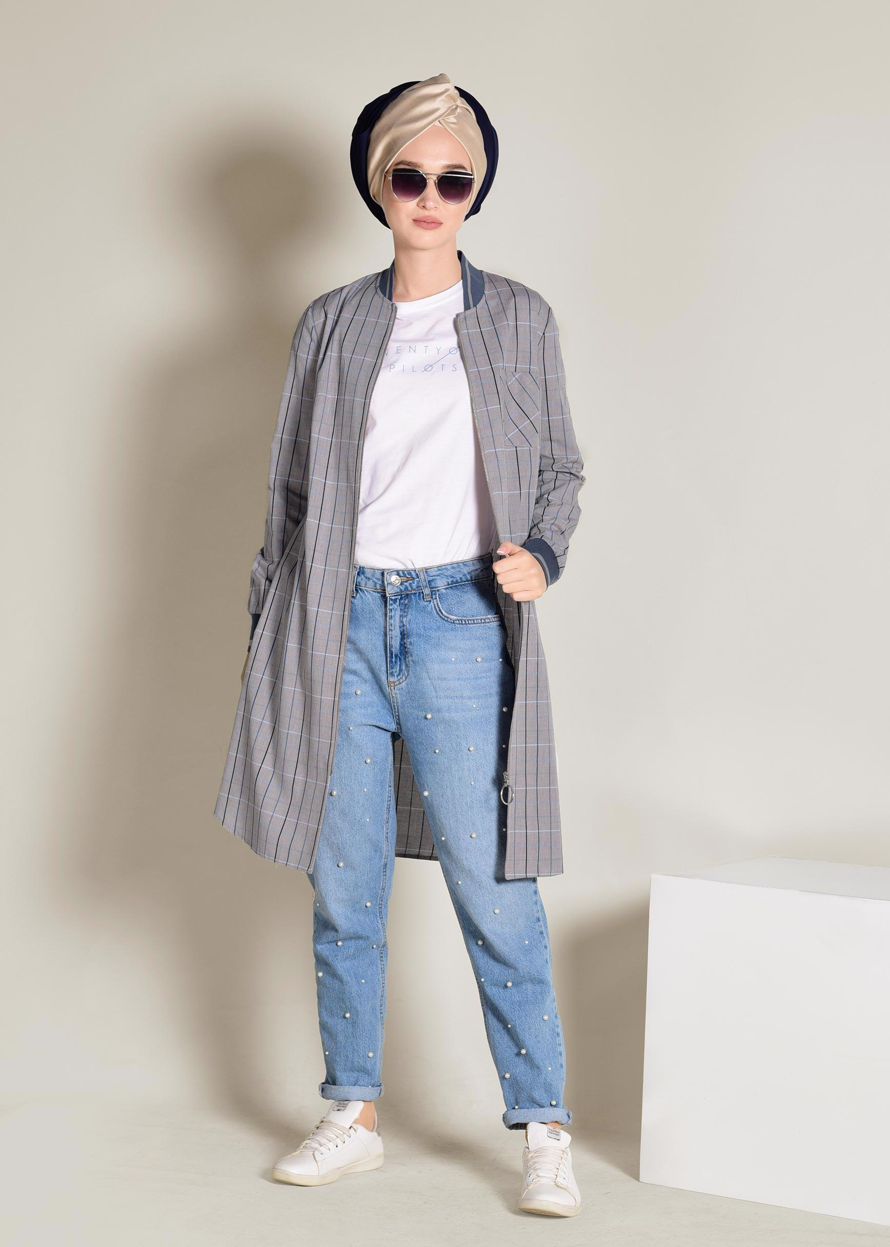 Tesettür giyim BEJ FERMUARLI PAMUKLU EKOSE TUNİK 4379