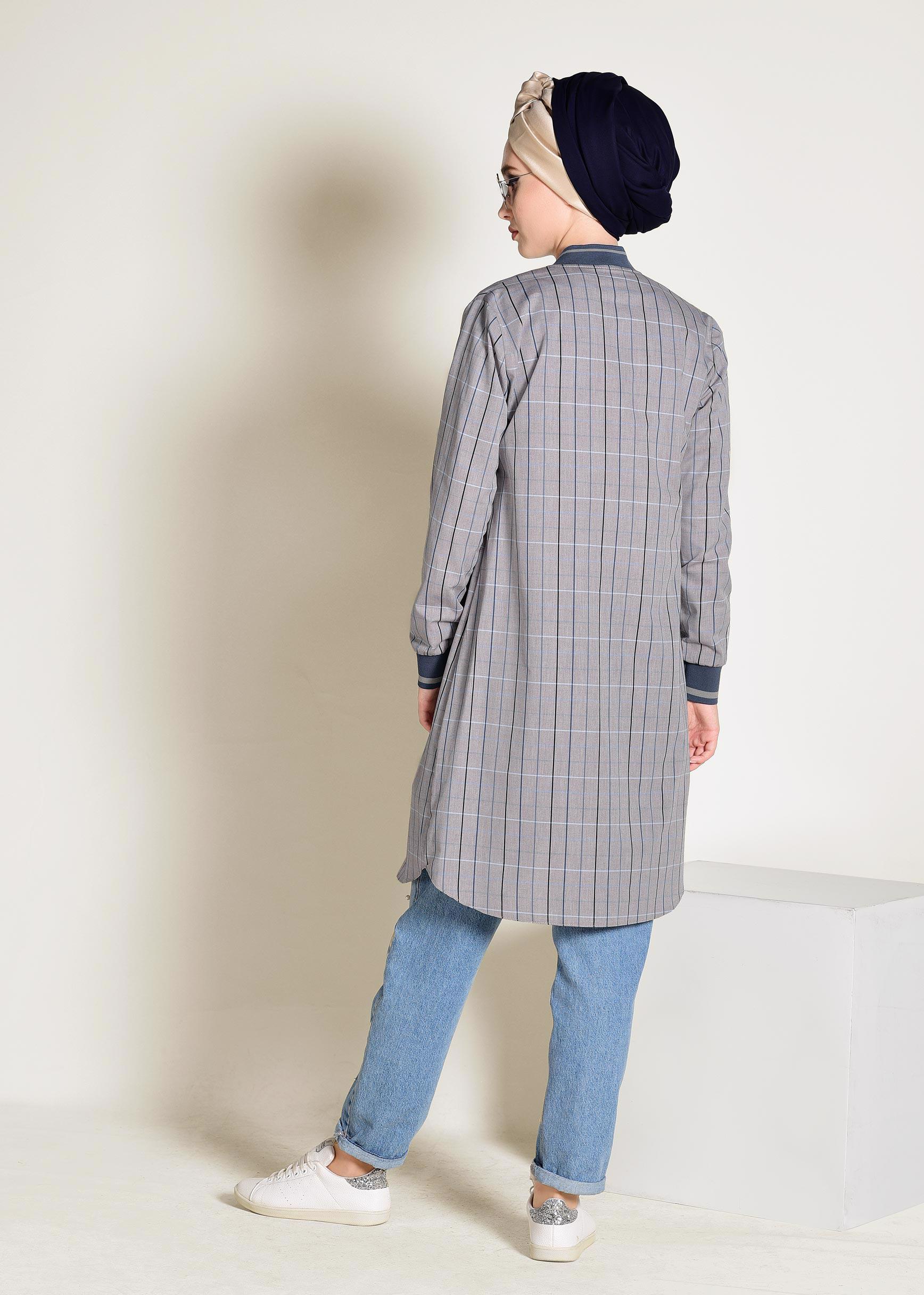 Tesettür giyim BEJ FERMUARLI PAMUKLU EKOSE TUNİK 4379