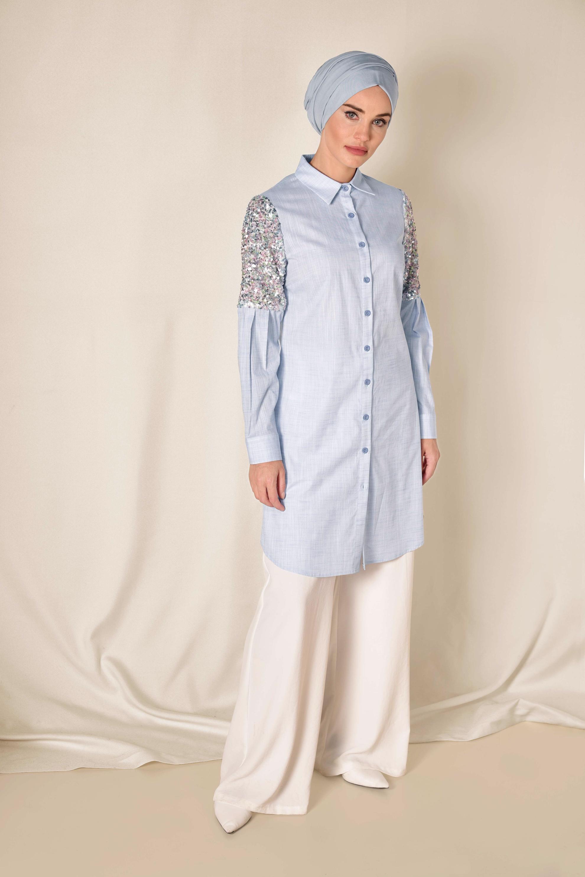 Tesettür giyim MAVİ PUL PAYET DETAYLI TUNİK 4381