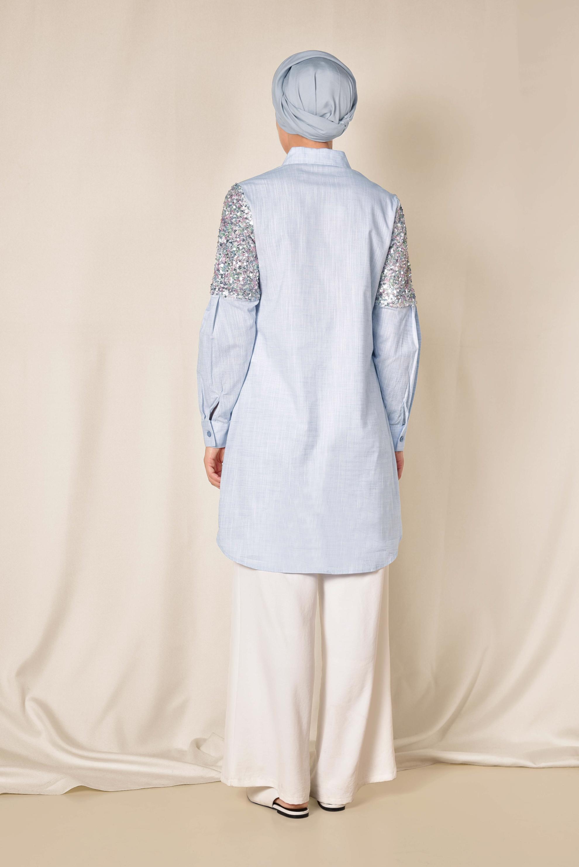 Tesettür giyim MAVİ PUL PAYET DETAYLI TUNİK 4381