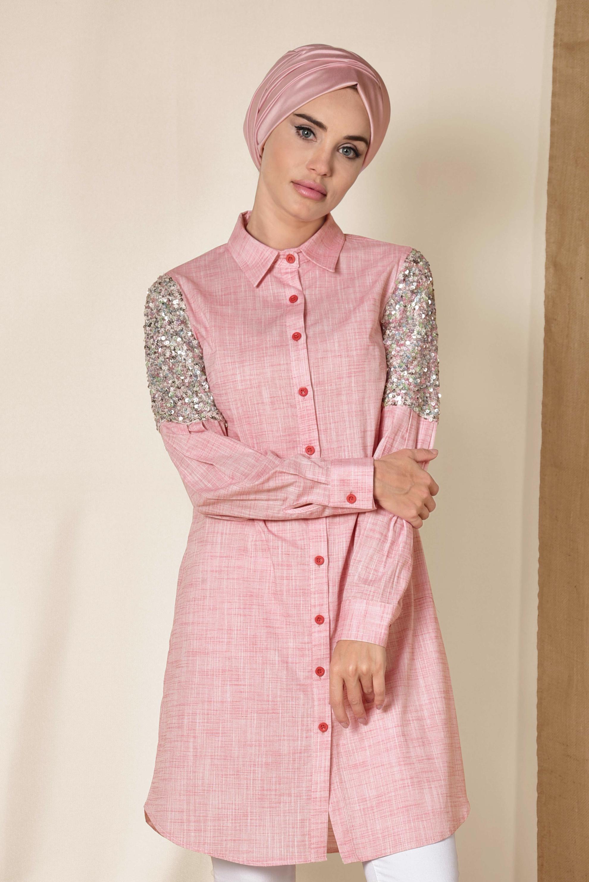 Tesettür giyim KIRMIZI PUL PAYET DETAYLI TUNİK 4381