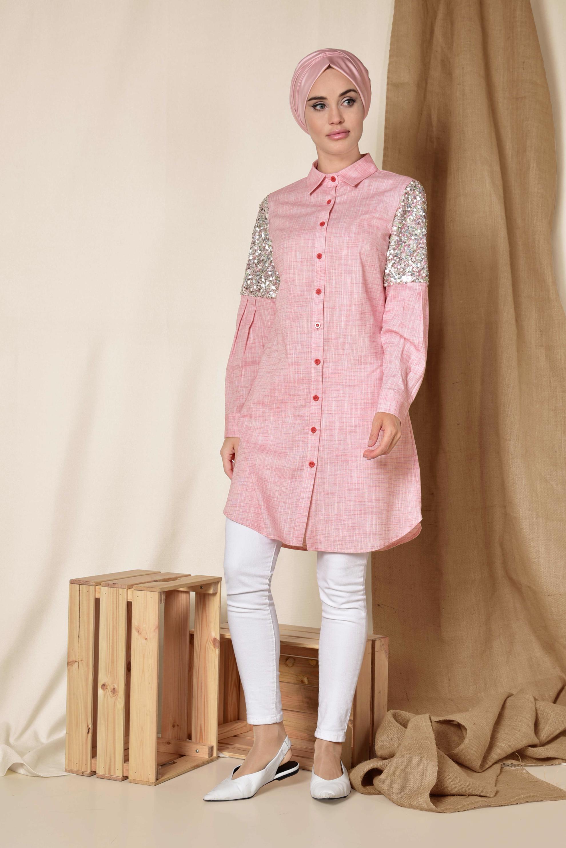 Tesettür giyim KIRMIZI PUL PAYET DETAYLI TUNİK 4381