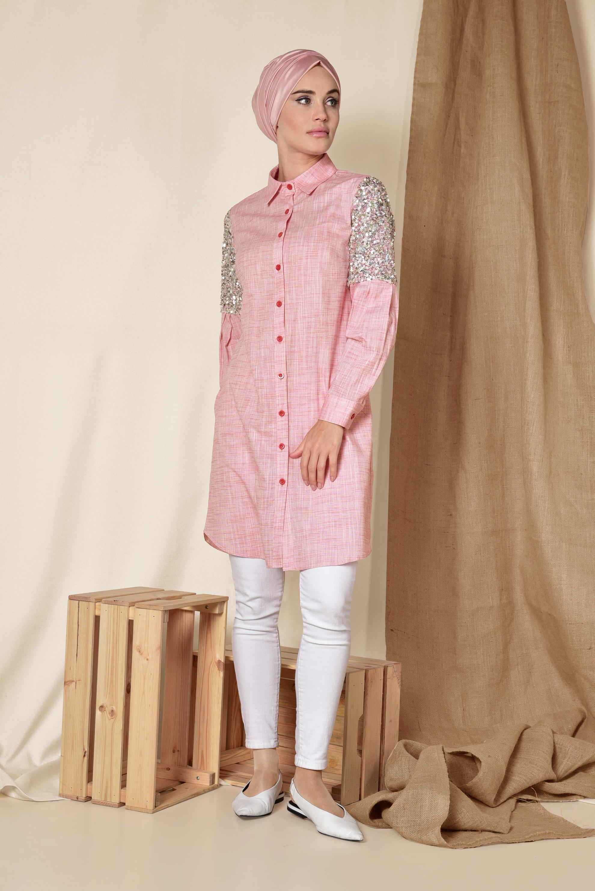 Tesettür giyim KIRMIZI PUL PAYET DETAYLI TUNİK 4381