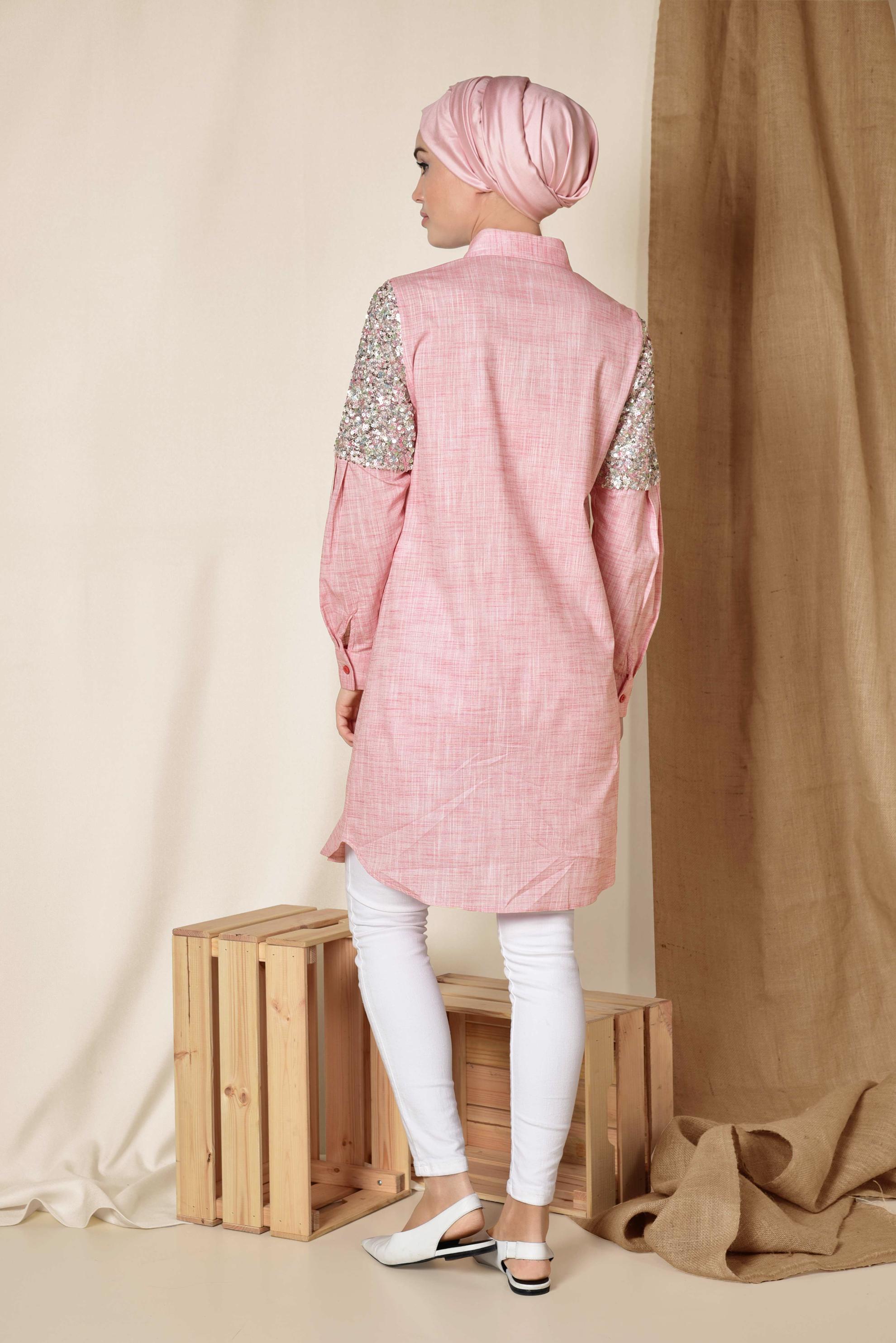 Tesettür giyim KIRMIZI PUL PAYET DETAYLI TUNİK 4381